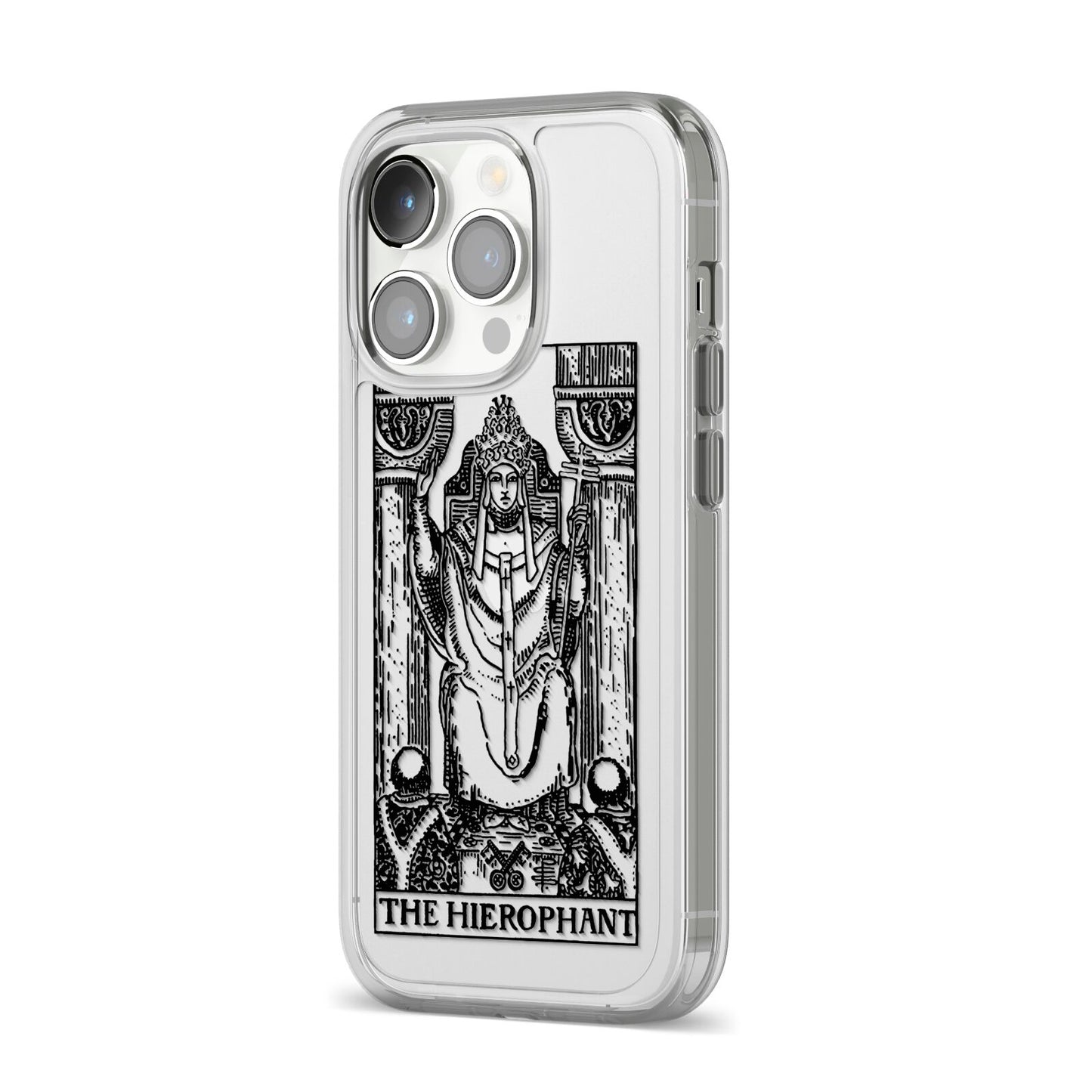 The Hierophant Monochrome Tarot Card iPhone 14 Pro Clear Tough Case Silver Angled Image