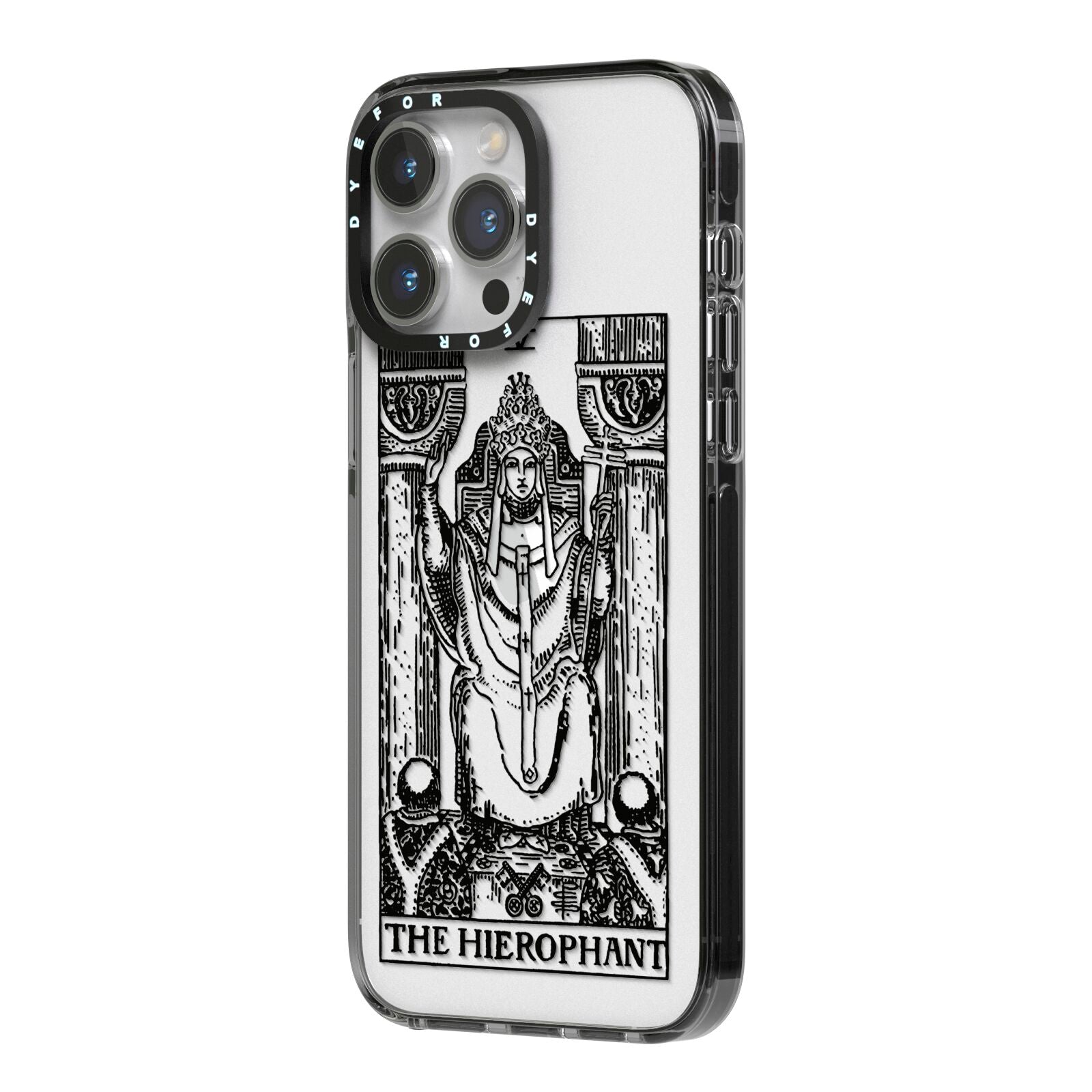 The Hierophant Monochrome Tarot Card iPhone 14 Pro Max Black Impact Case Side Angle on Silver phone