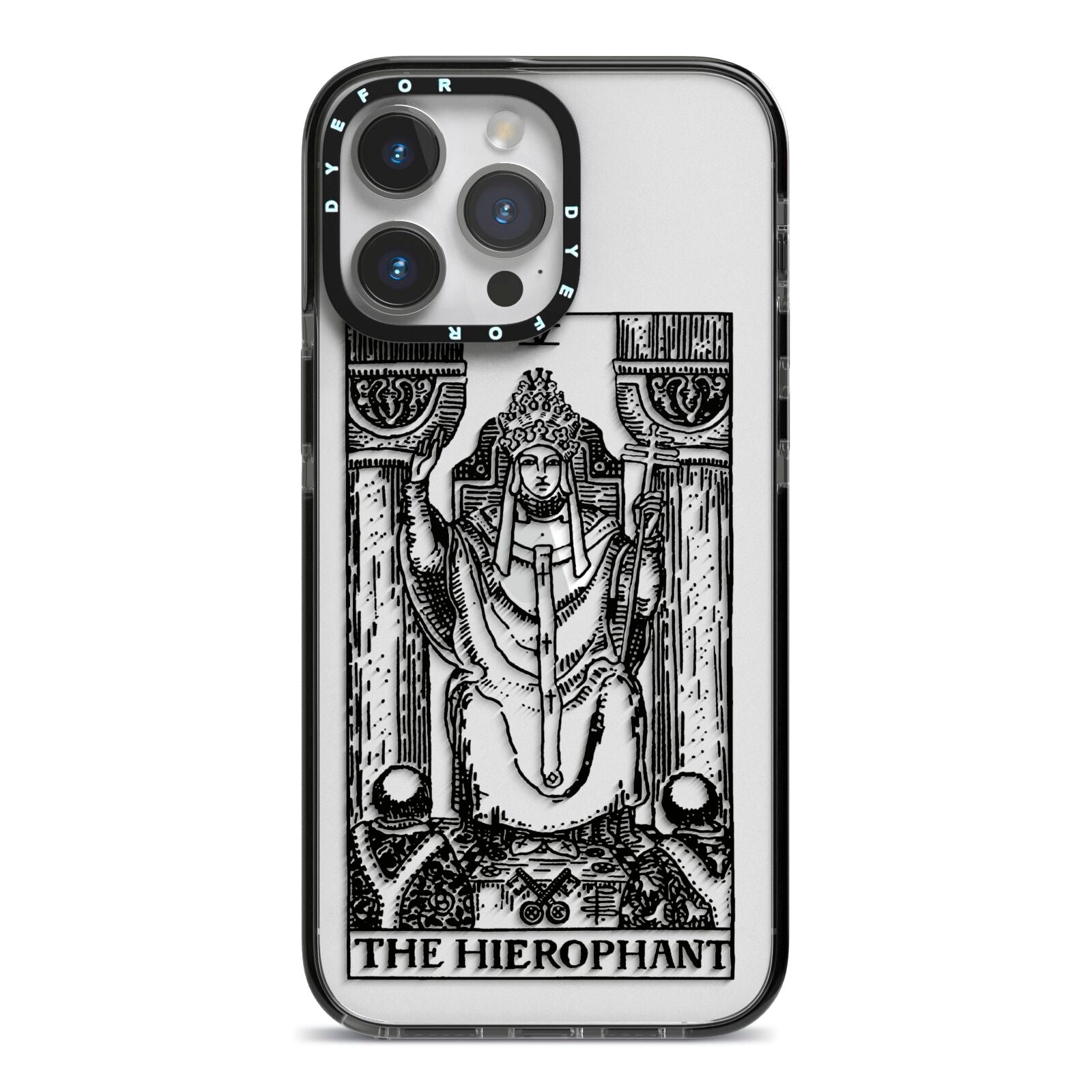 The Hierophant Monochrome Tarot Card iPhone 14 Pro Max Black Impact Case on Silver phone
