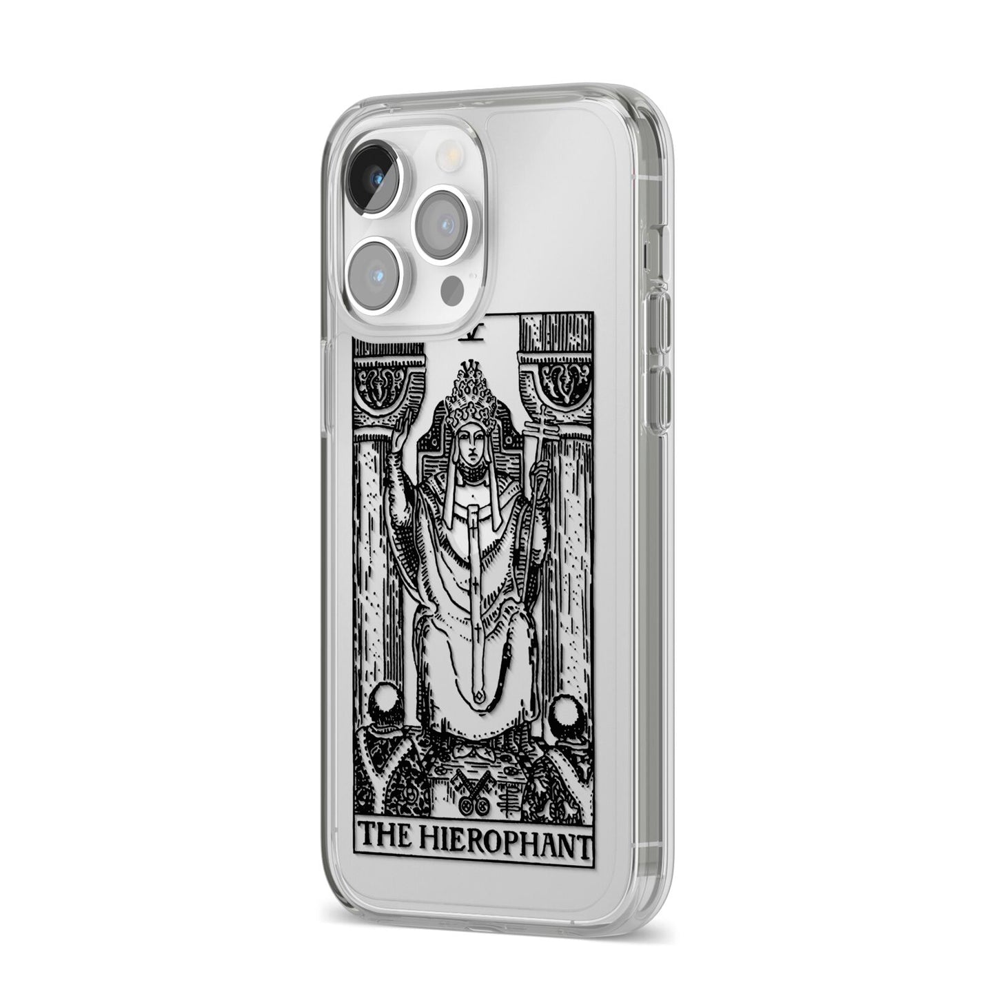The Hierophant Monochrome Tarot Card iPhone 14 Pro Max Clear Tough Case Silver Angled Image