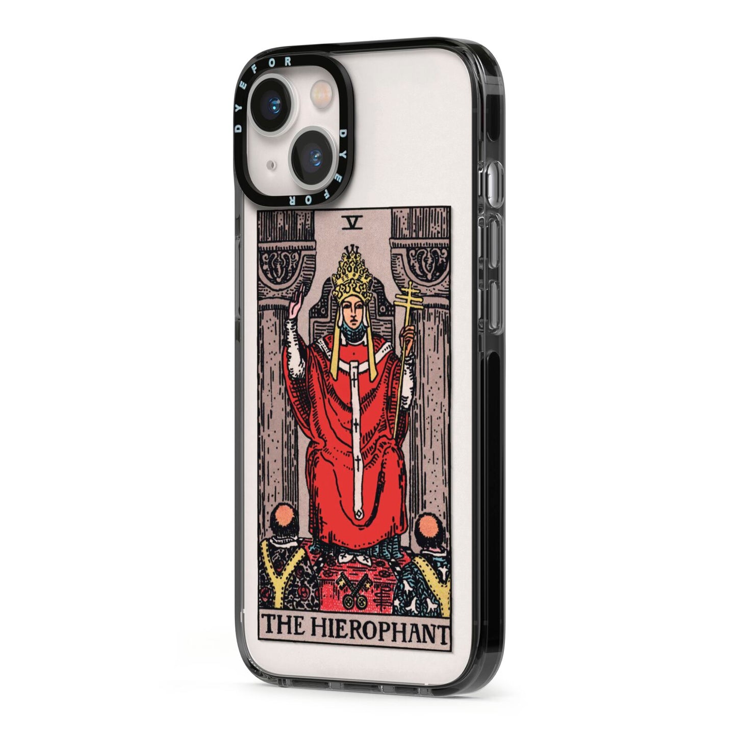 The Hierophant Tarot Card iPhone 13 Black Impact Case Side Angle on Silver phone