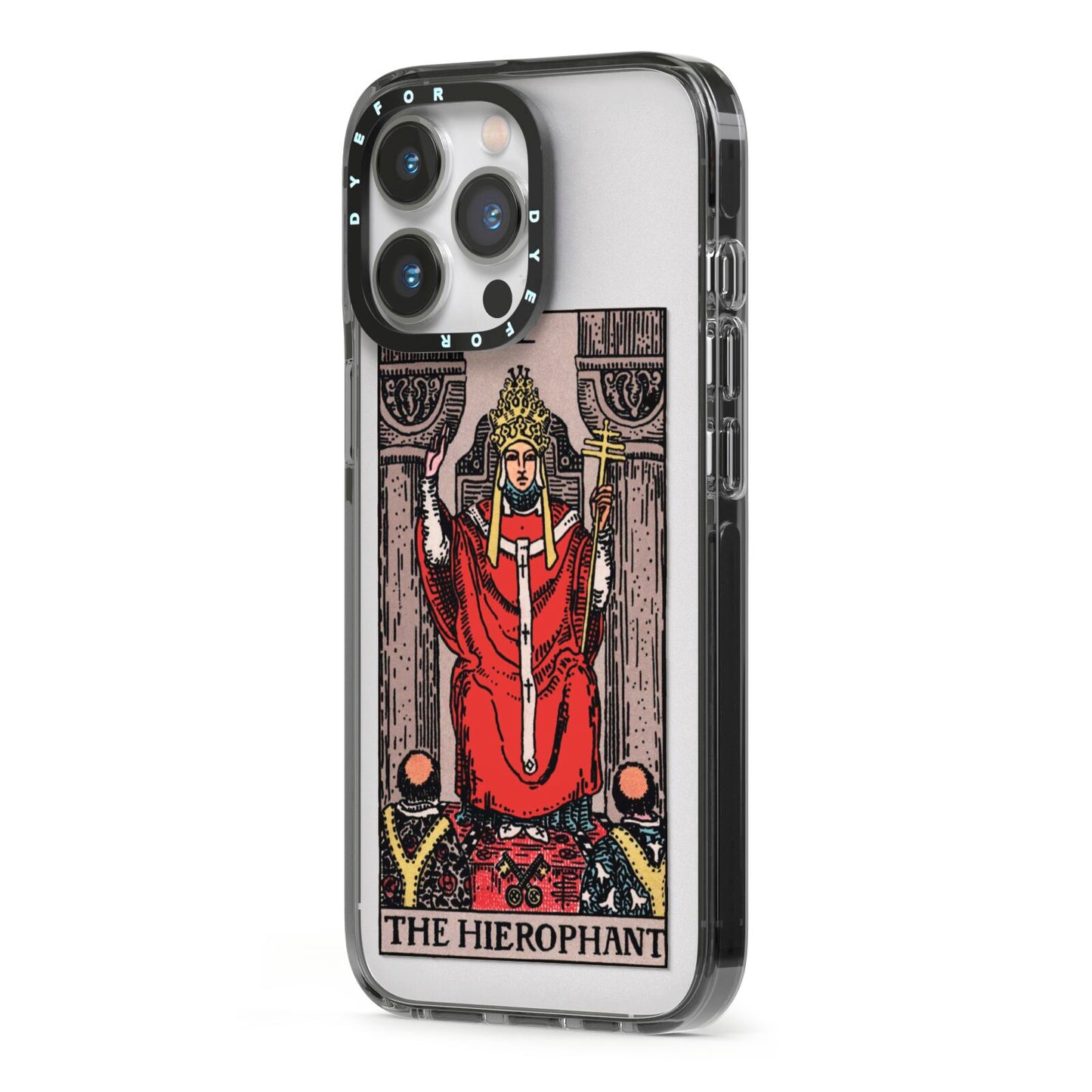 The Hierophant Tarot Card iPhone 13 Pro Black Impact Case Side Angle on Silver phone