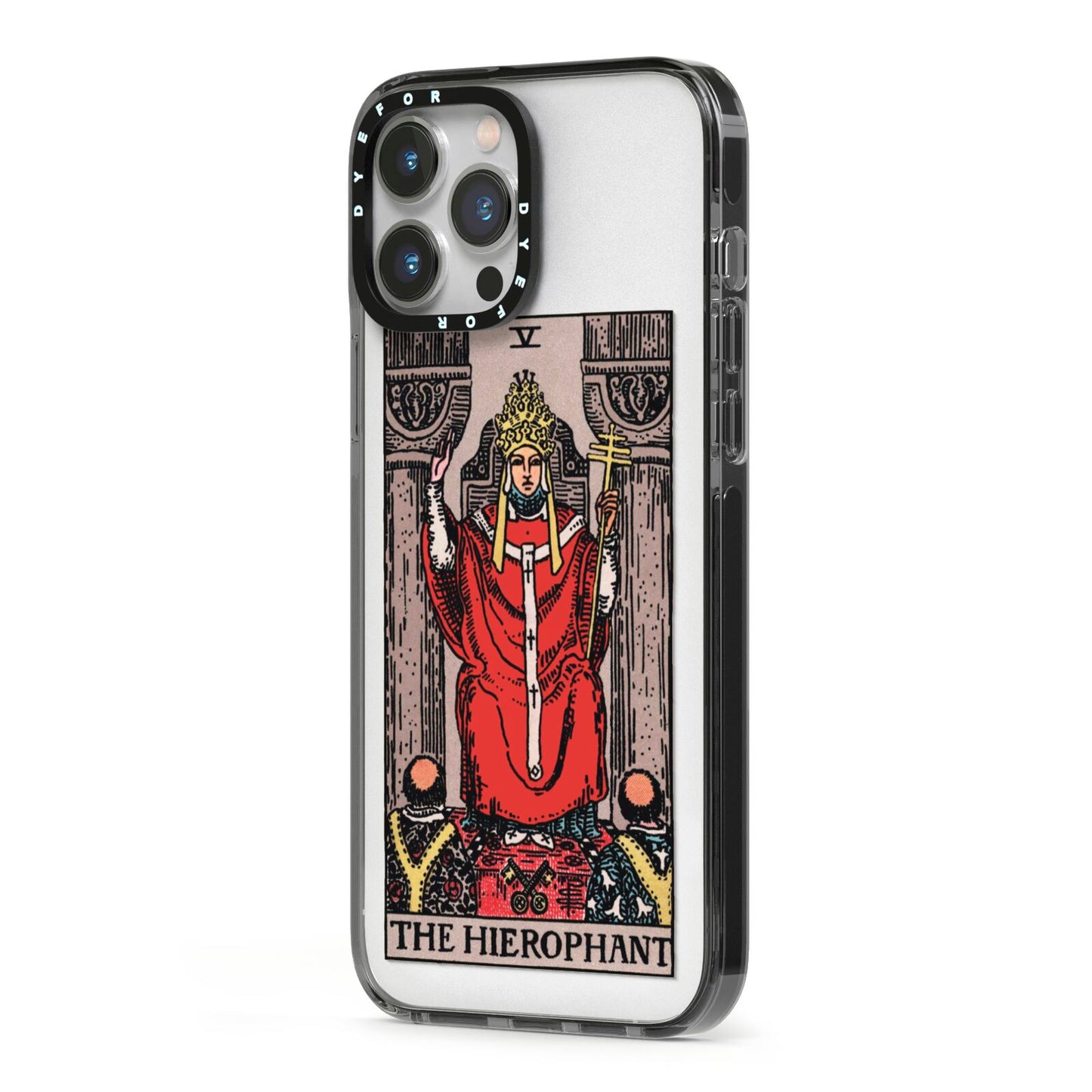 The Hierophant Tarot Card iPhone 13 Pro Max Black Impact Case Side Angle on Silver phone