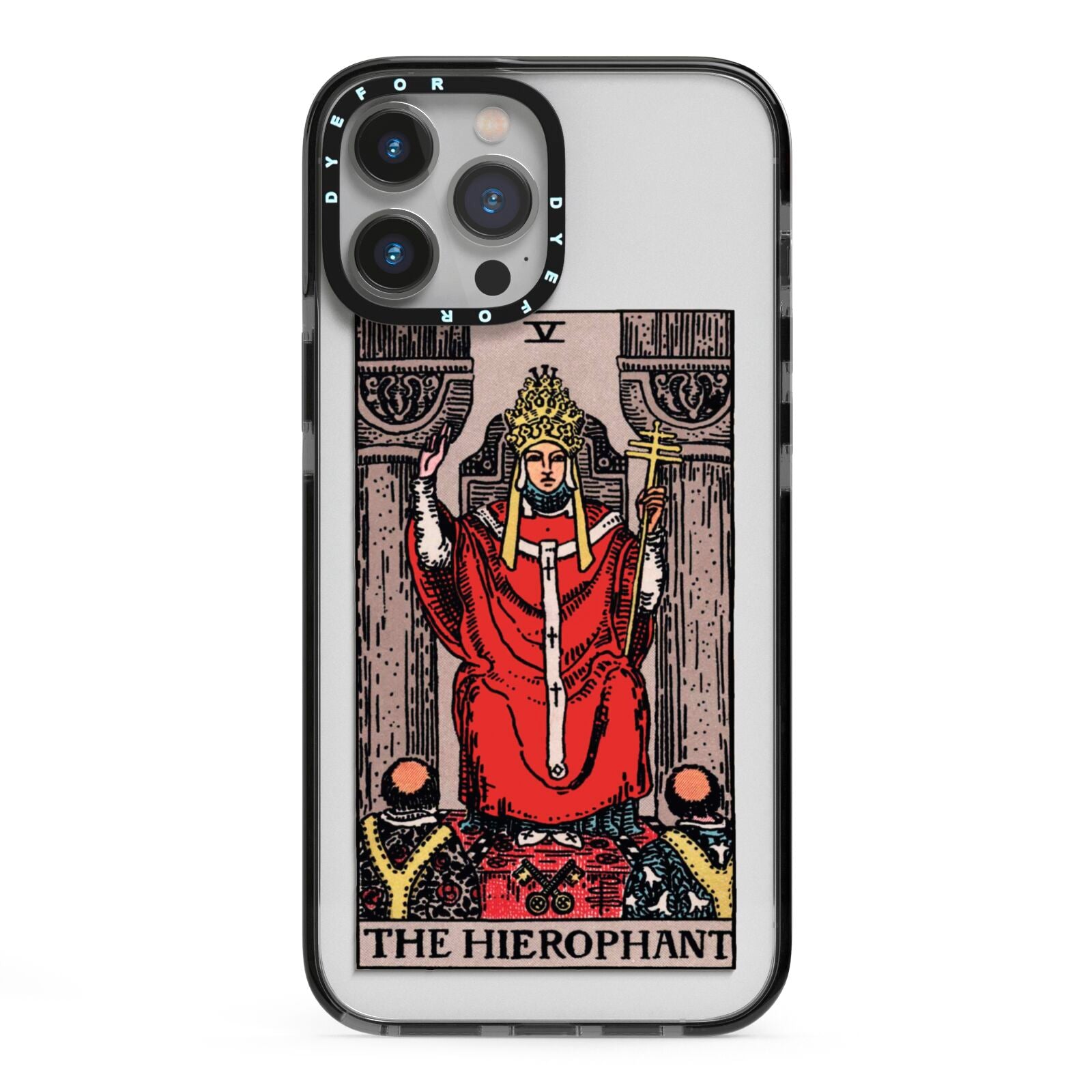 The Hierophant Tarot Card iPhone 13 Pro Max Black Impact Case on Silver phone