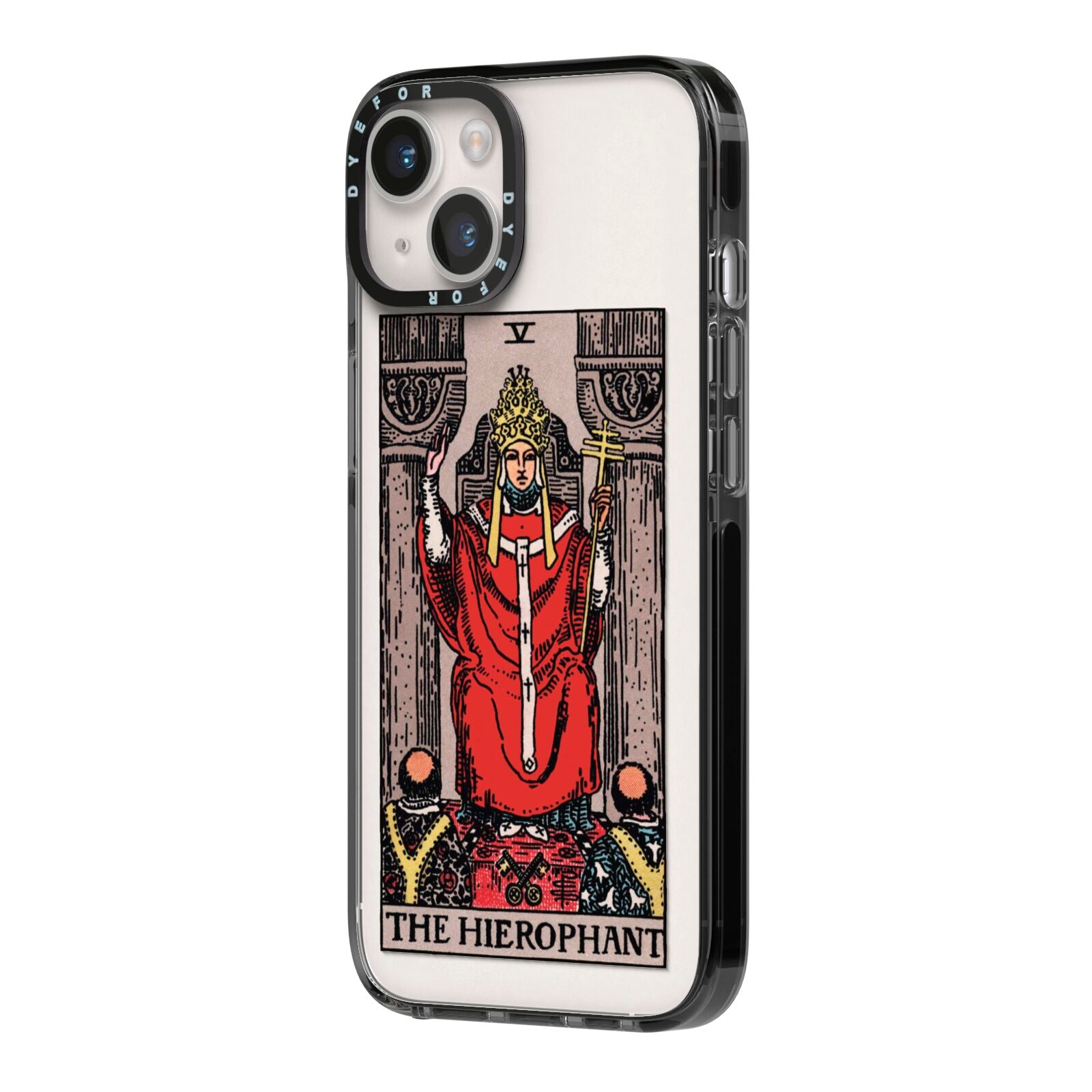 The Hierophant Tarot Card iPhone 14 Black Impact Case Side Angle on Silver phone