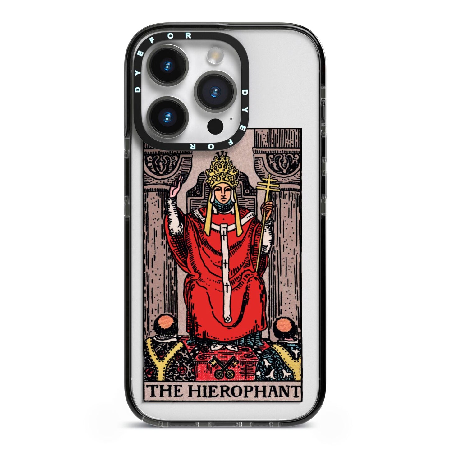 The Hierophant Tarot Card iPhone 14 Pro Black Impact Case on Silver phone