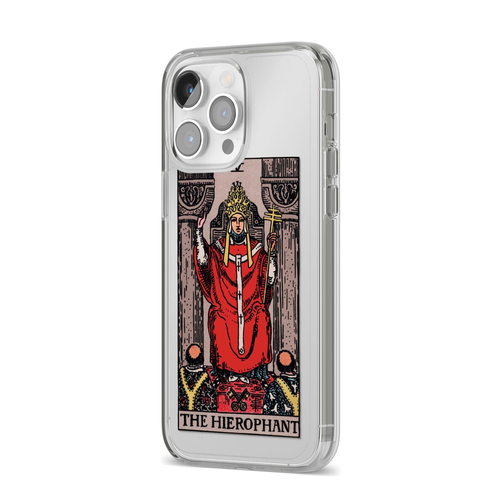 The Hierophant Tarot Card iPhone 14 Pro Max Clear Tough Case Silver Angled Image