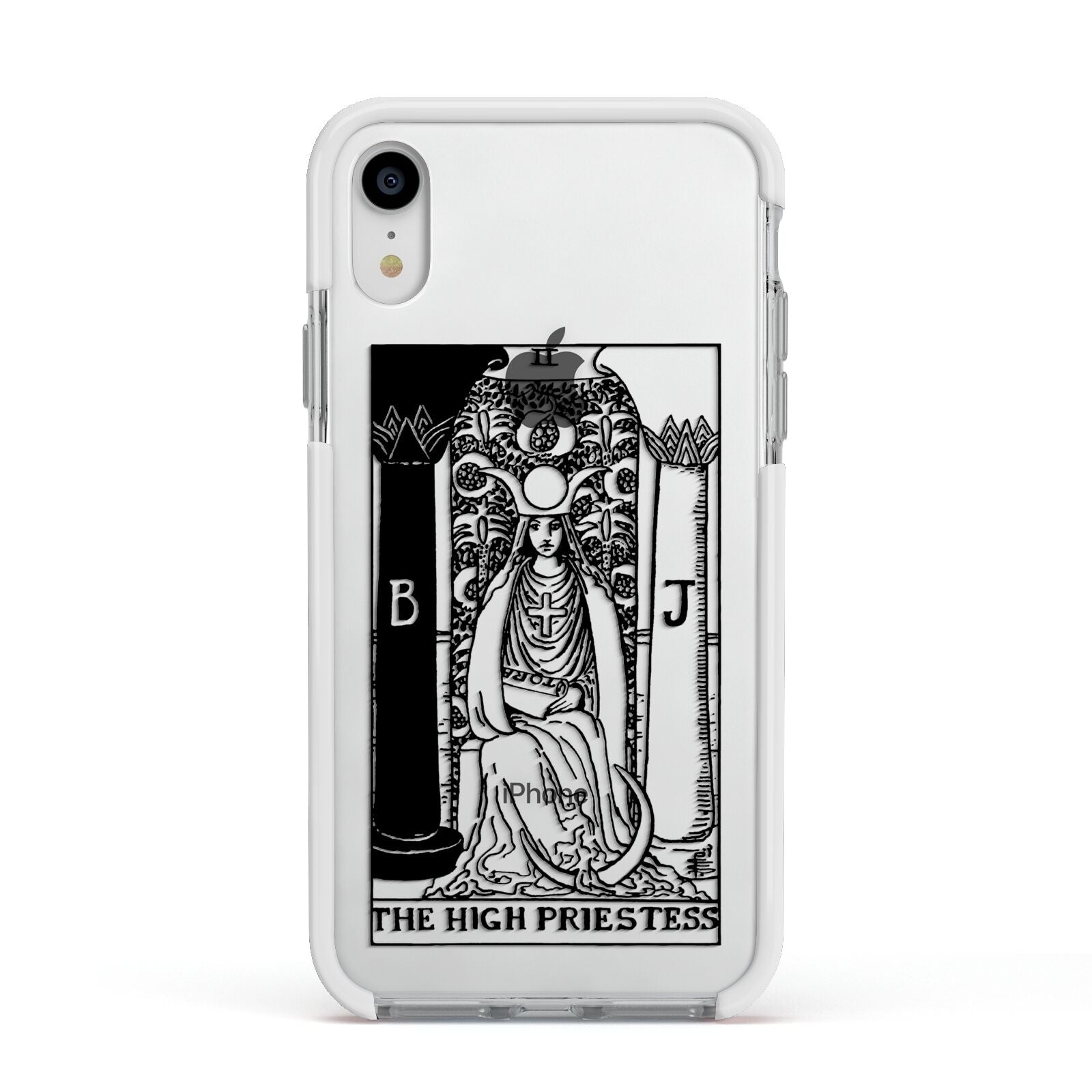 The High Priestess Monochrome Tarot Card Apple iPhone XR Impact Case White Edge on Silver Phone