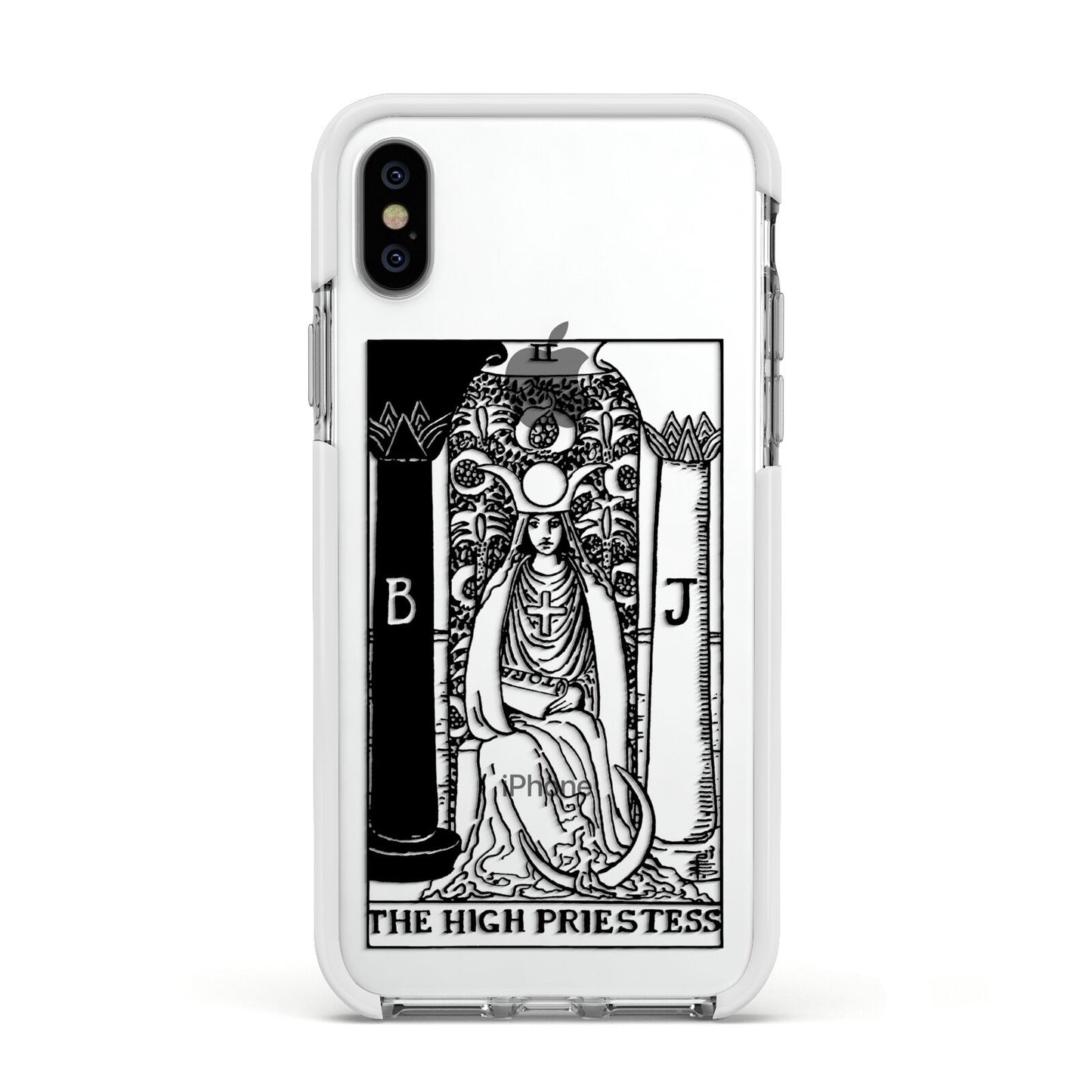 The High Priestess Monochrome Tarot Card Apple iPhone Xs Impact Case White Edge on Silver Phone