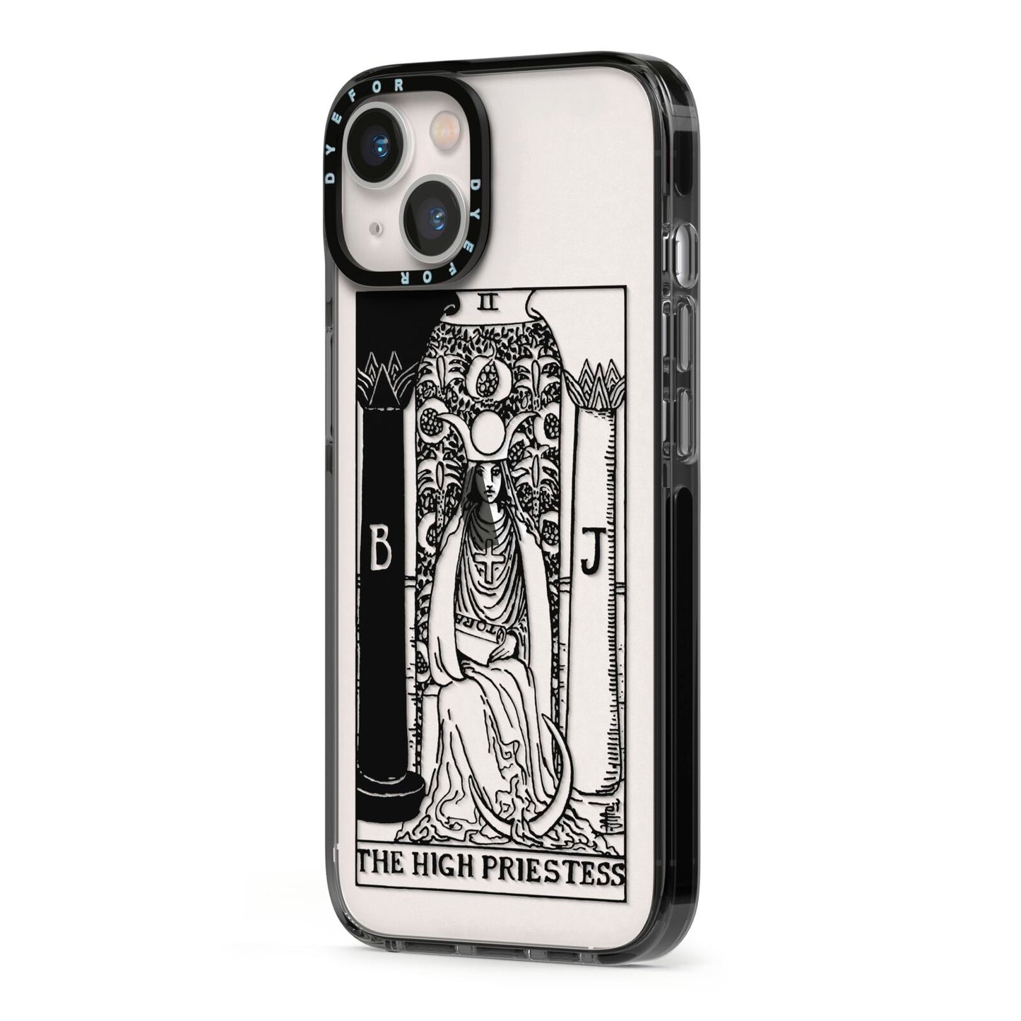 The High Priestess Monochrome Tarot Card iPhone 13 Black Impact Case Side Angle on Silver phone