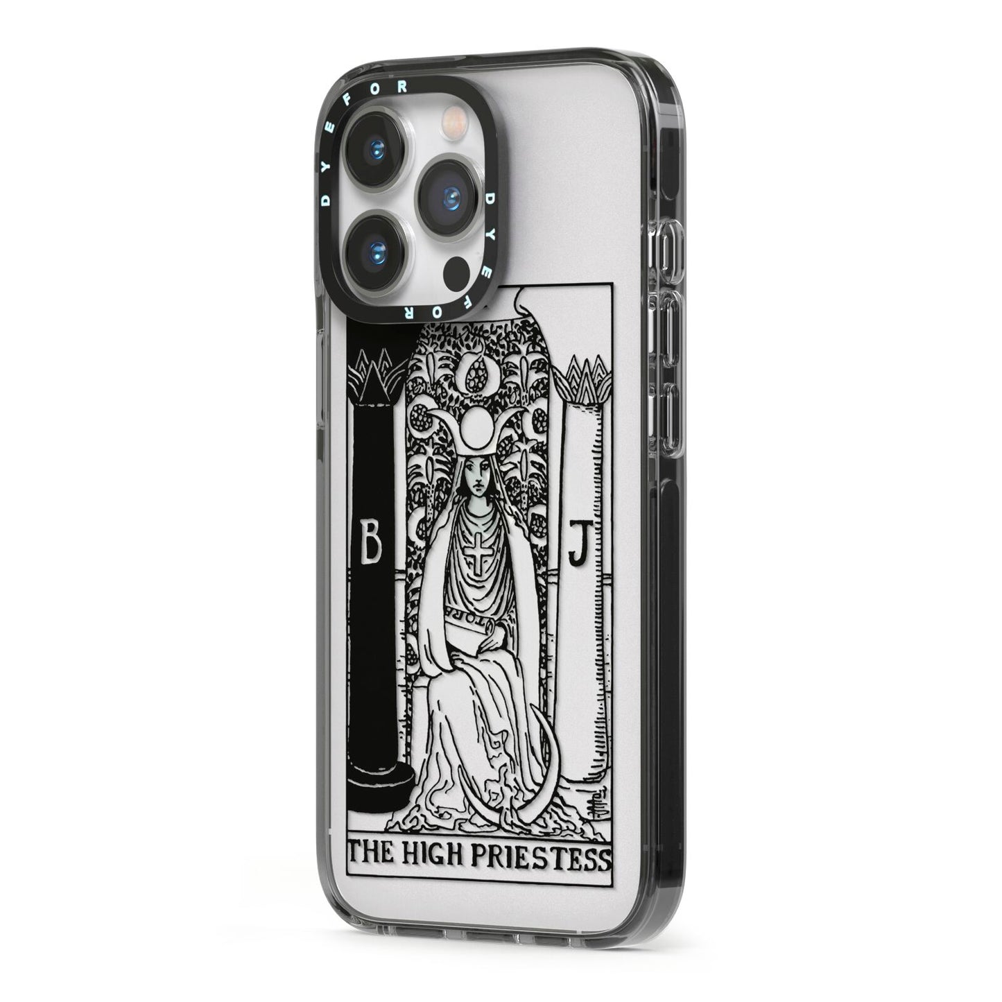 The High Priestess Monochrome Tarot Card iPhone 13 Pro Black Impact Case Side Angle on Silver phone