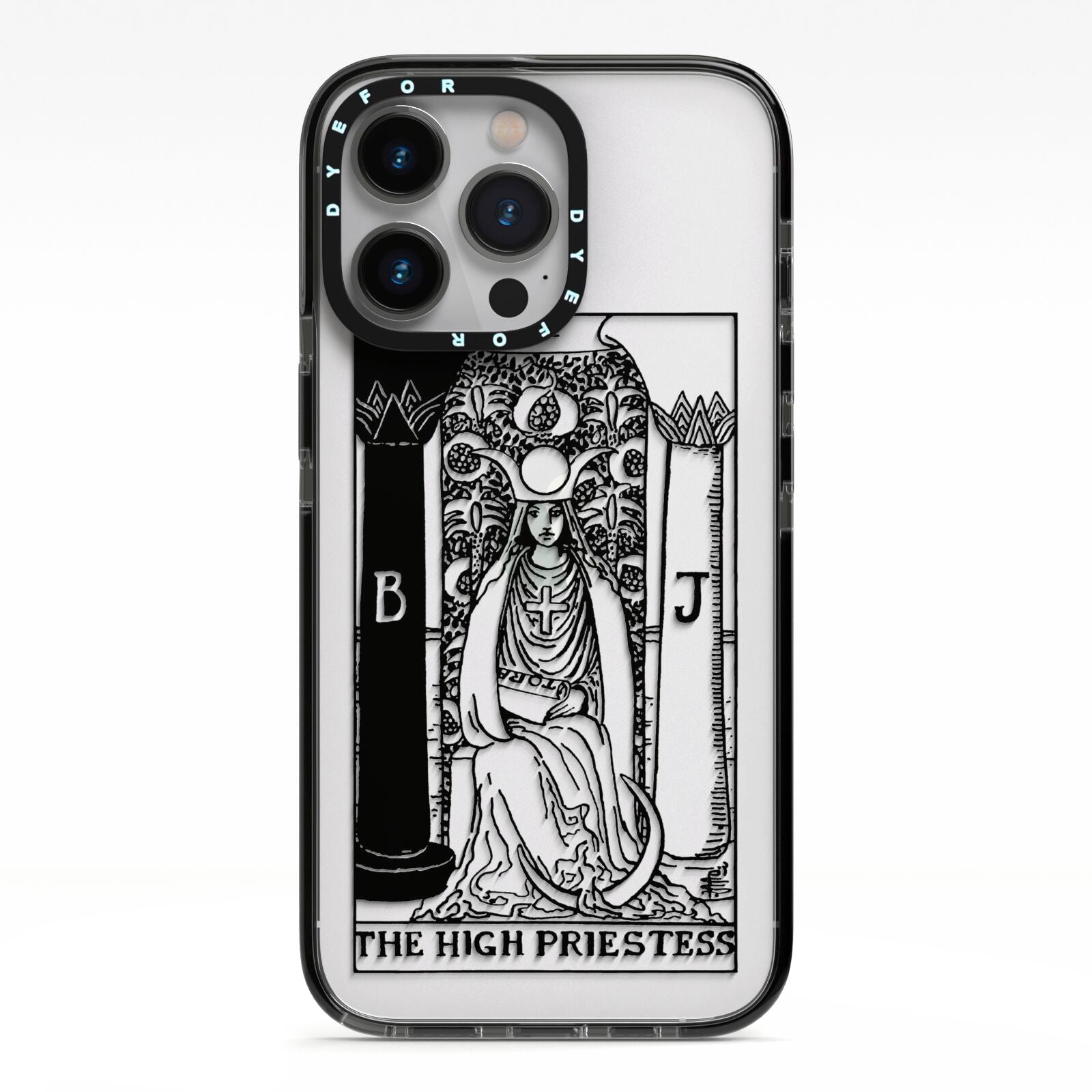 The High Priestess Monochrome Tarot Card iPhone 13 Pro Black Impact Case on Silver phone