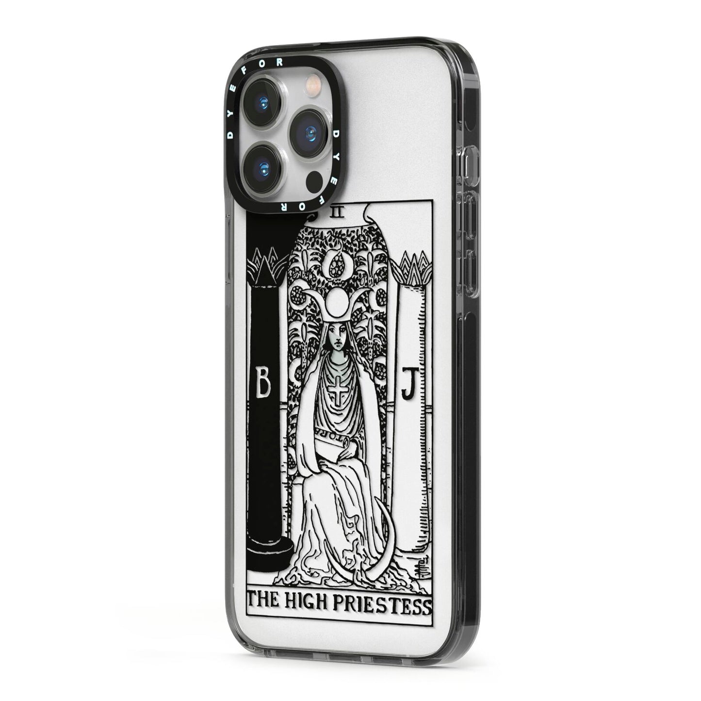 The High Priestess Monochrome Tarot Card iPhone 13 Pro Max Black Impact Case Side Angle on Silver phone