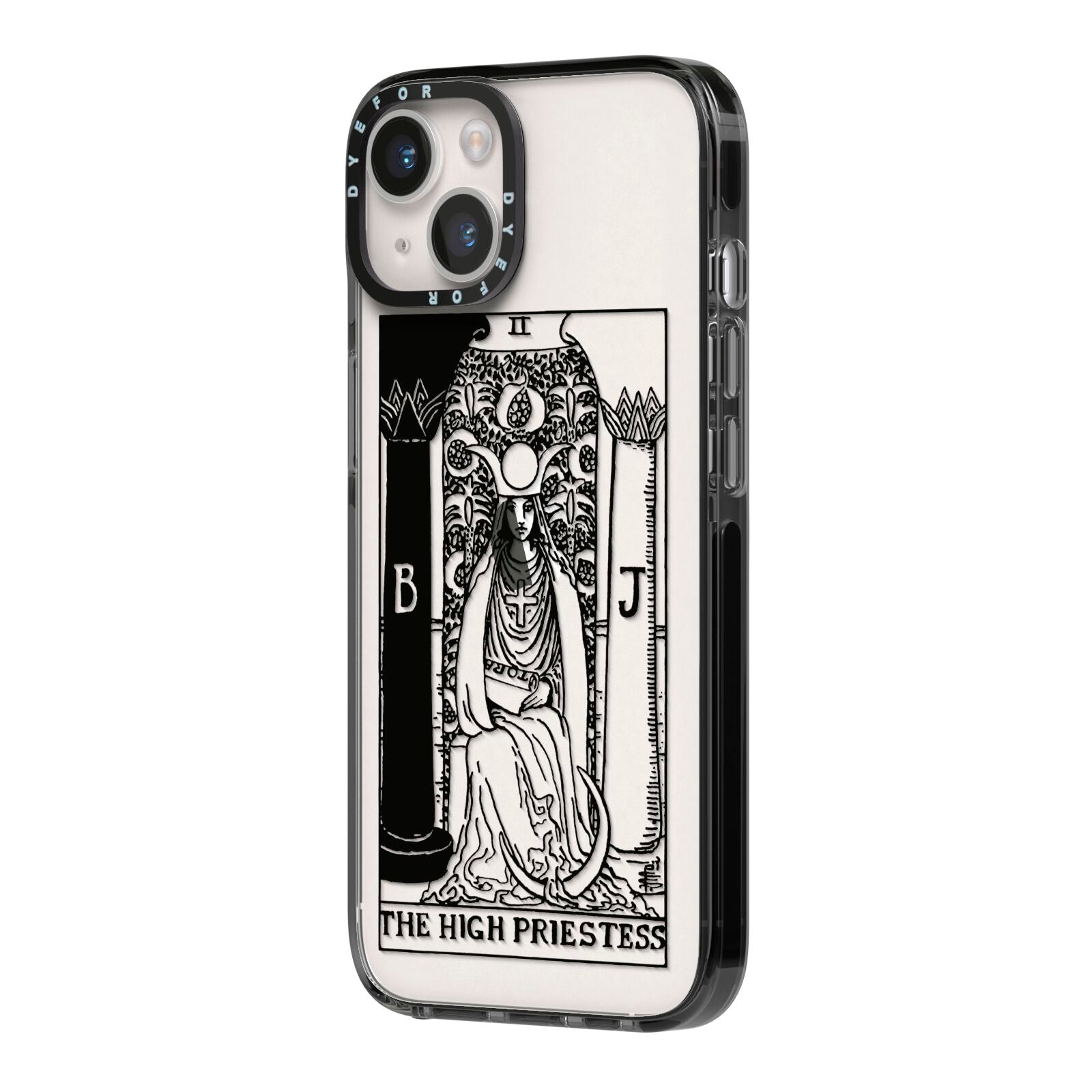 The High Priestess Monochrome Tarot Card iPhone 14 Black Impact Case Side Angle on Silver phone