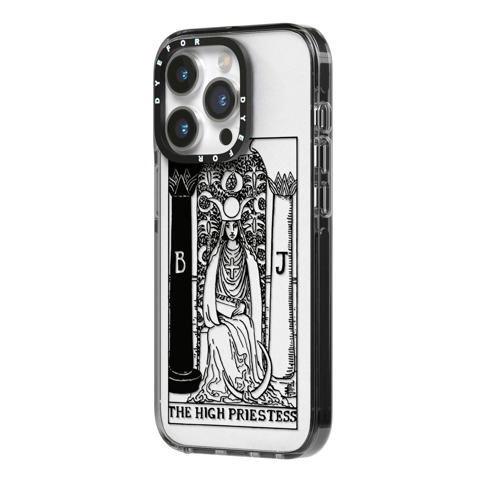The High Priestess Monochrome Tarot Card iPhone 14 Pro Black Impact Case Side Angle on Silver phone