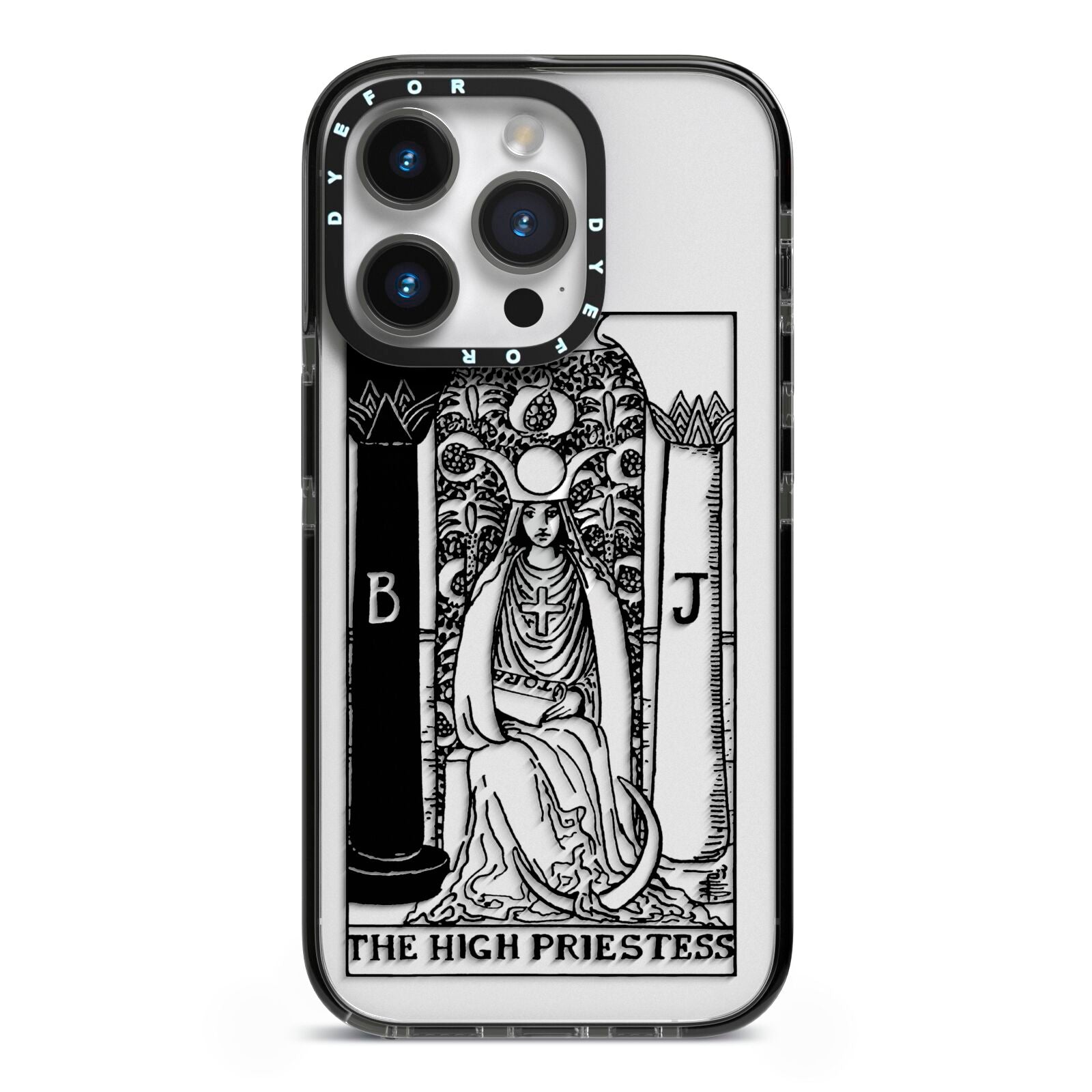 The High Priestess Monochrome Tarot Card iPhone 14 Pro Black Impact Case on Silver phone