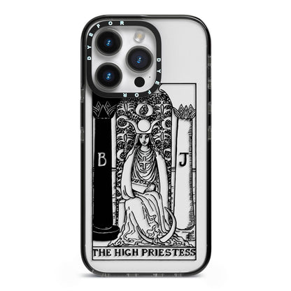The High Priestess Monochrome Tarot Card iPhone 14 Pro Black Impact Case on Silver phone