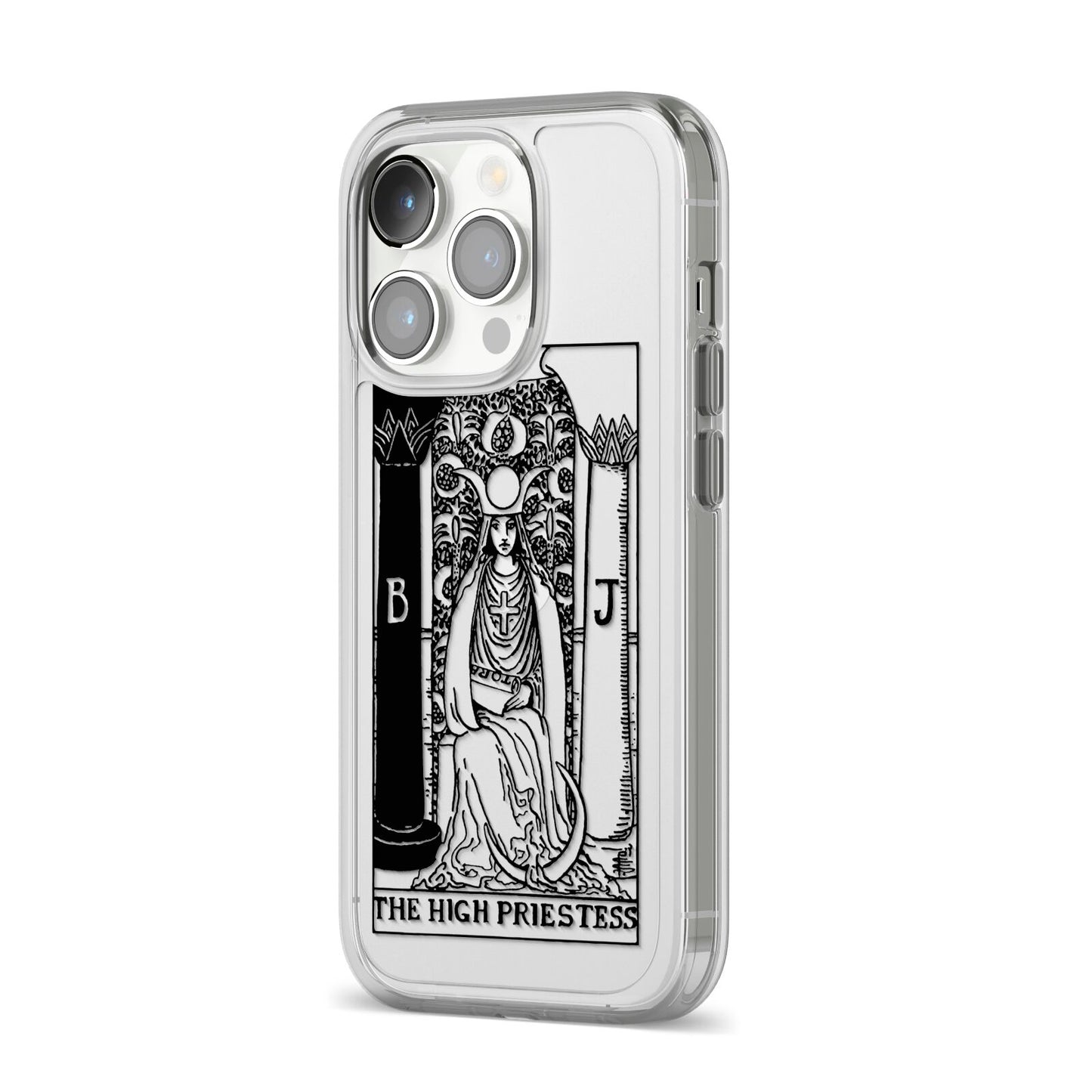 The High Priestess Monochrome Tarot Card iPhone 14 Pro Clear Tough Case Silver Angled Image