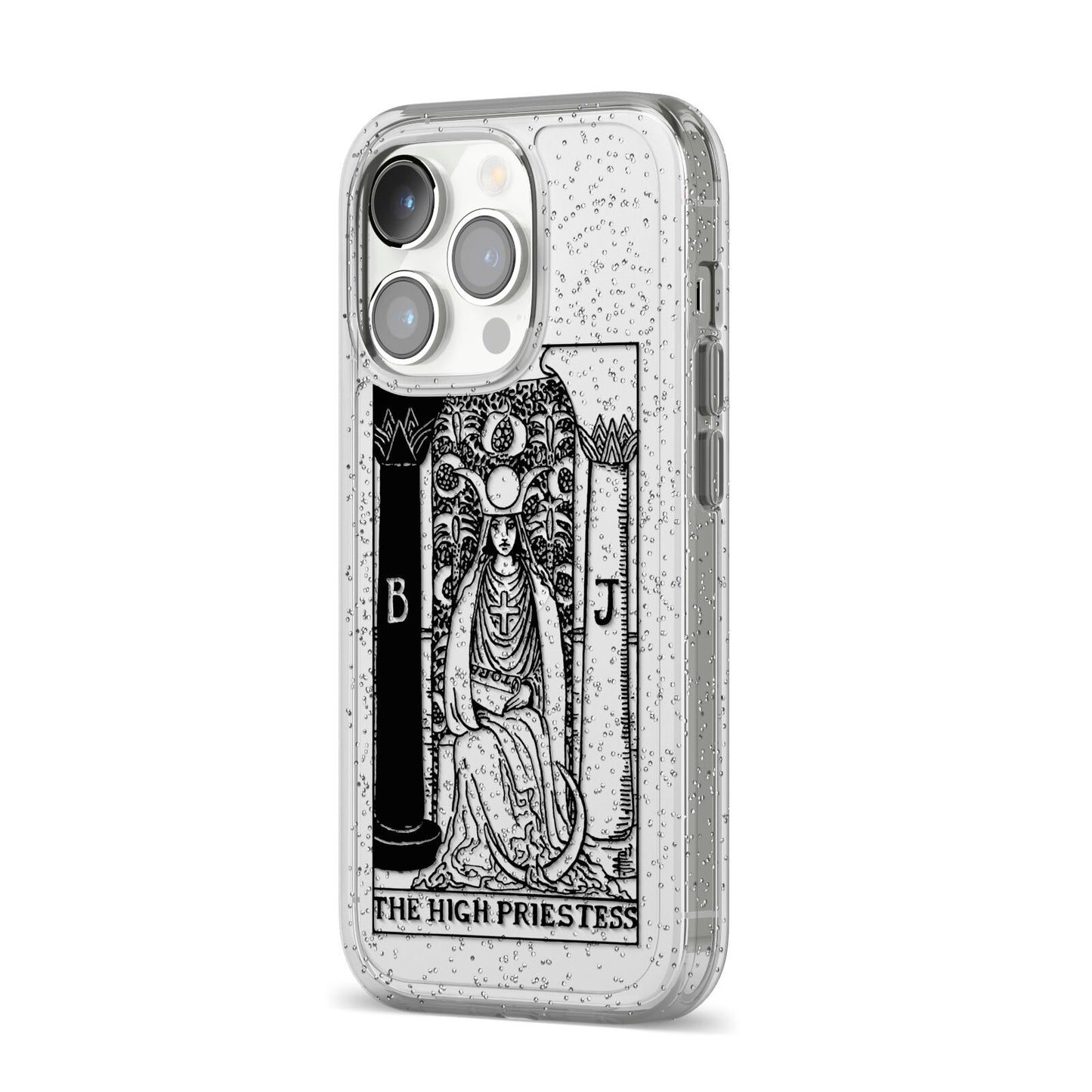 The High Priestess Monochrome Tarot Card iPhone 14 Pro Glitter Tough Case Silver Angled Image