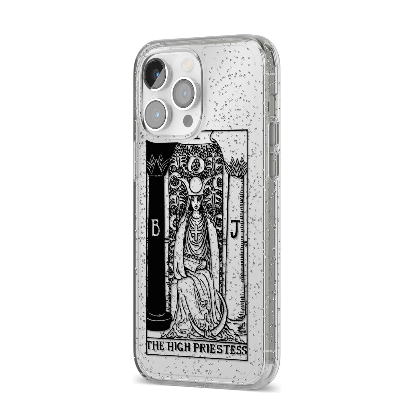 The High Priestess Monochrome Tarot Card iPhone 14 Pro Max Glitter Tough Case Silver Angled Image