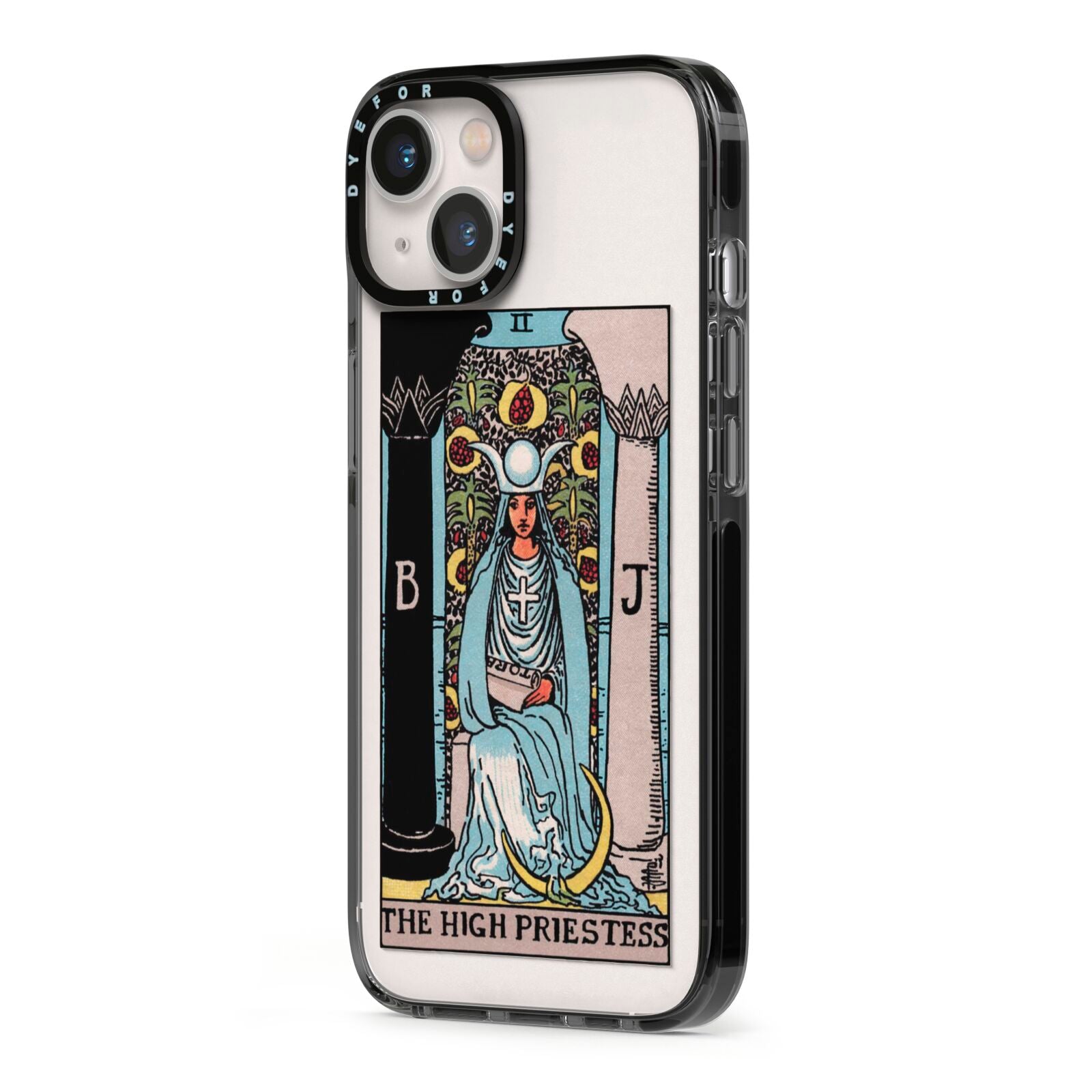 The High Priestess Tarot Card iPhone 13 Black Impact Case Side Angle on Silver phone