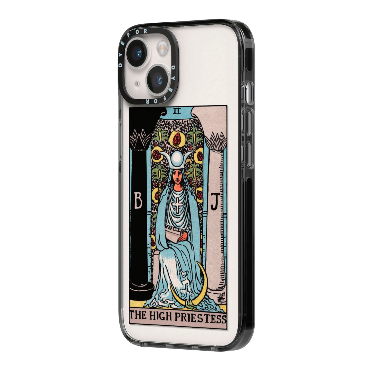 The High Priestess Tarot Card iPhone 14 Black Impact Case Side Angle on Silver phone
