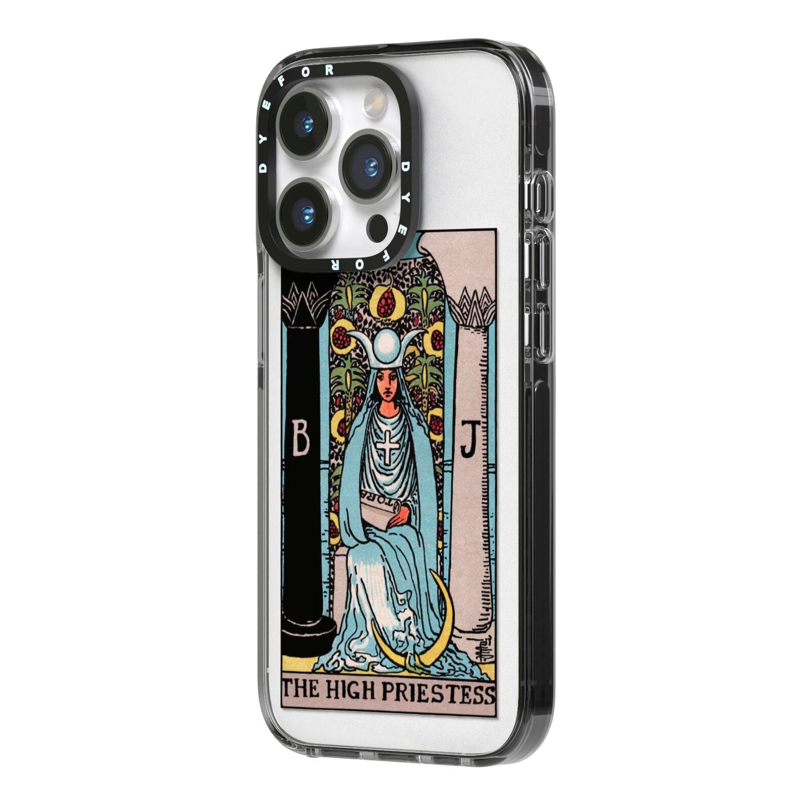 The High Priestess Tarot Card iPhone 14 Pro Black Impact Case Side Angle on Silver phone