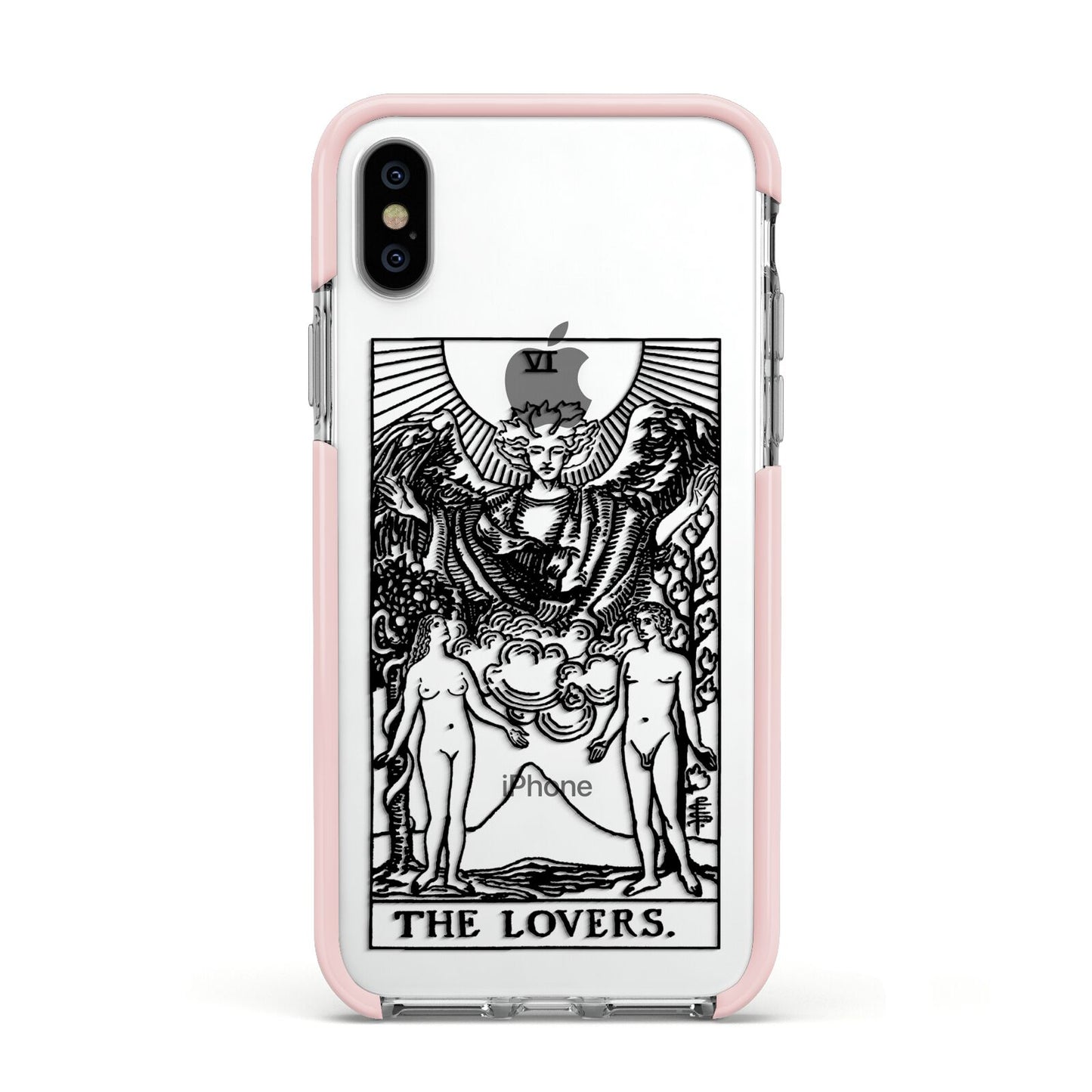 The Lovers Monochrome Tarot Card Apple iPhone Xs Impact Case Pink Edge on Silver Phone