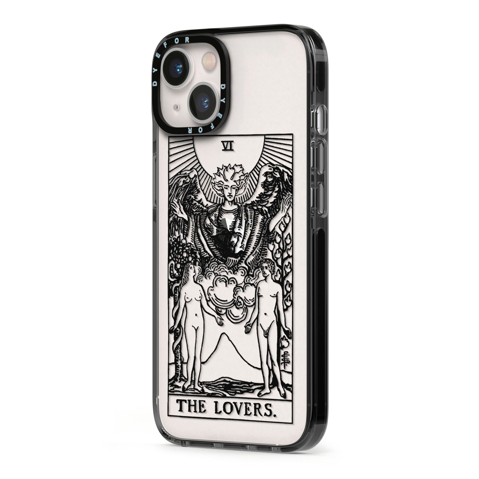 The Lovers Monochrome Tarot Card iPhone 13 Black Impact Case Side Angle on Silver phone