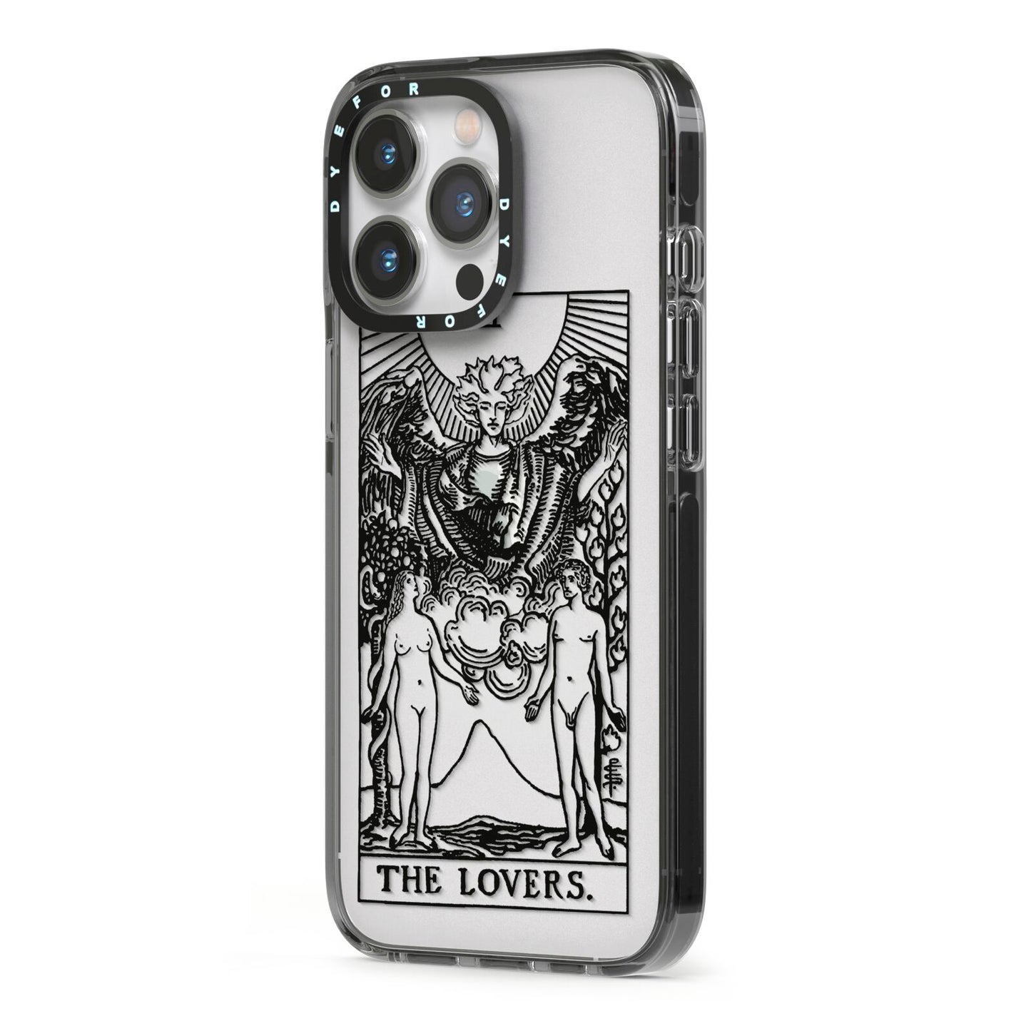 The Lovers Monochrome Tarot Card iPhone 13 Pro Black Impact Case Side Angle on Silver phone