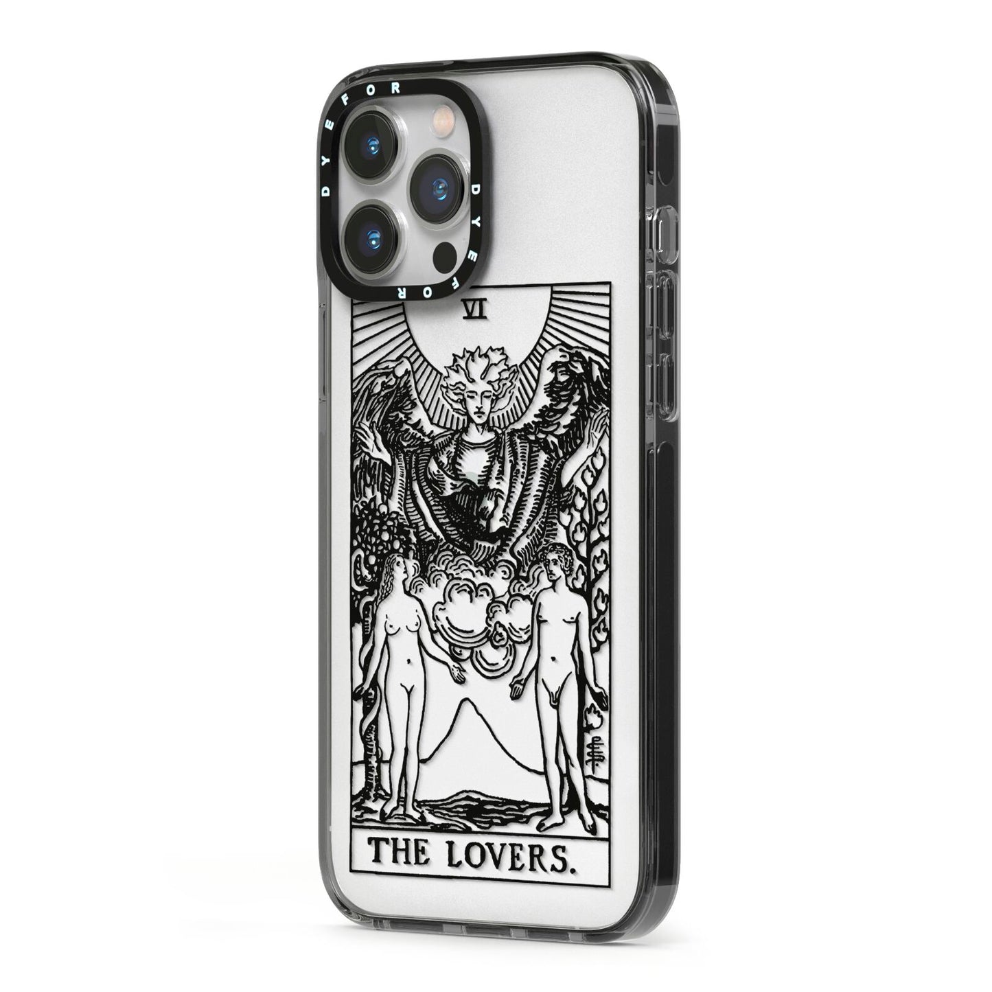 The Lovers Monochrome Tarot Card iPhone 13 Pro Max Black Impact Case Side Angle on Silver phone