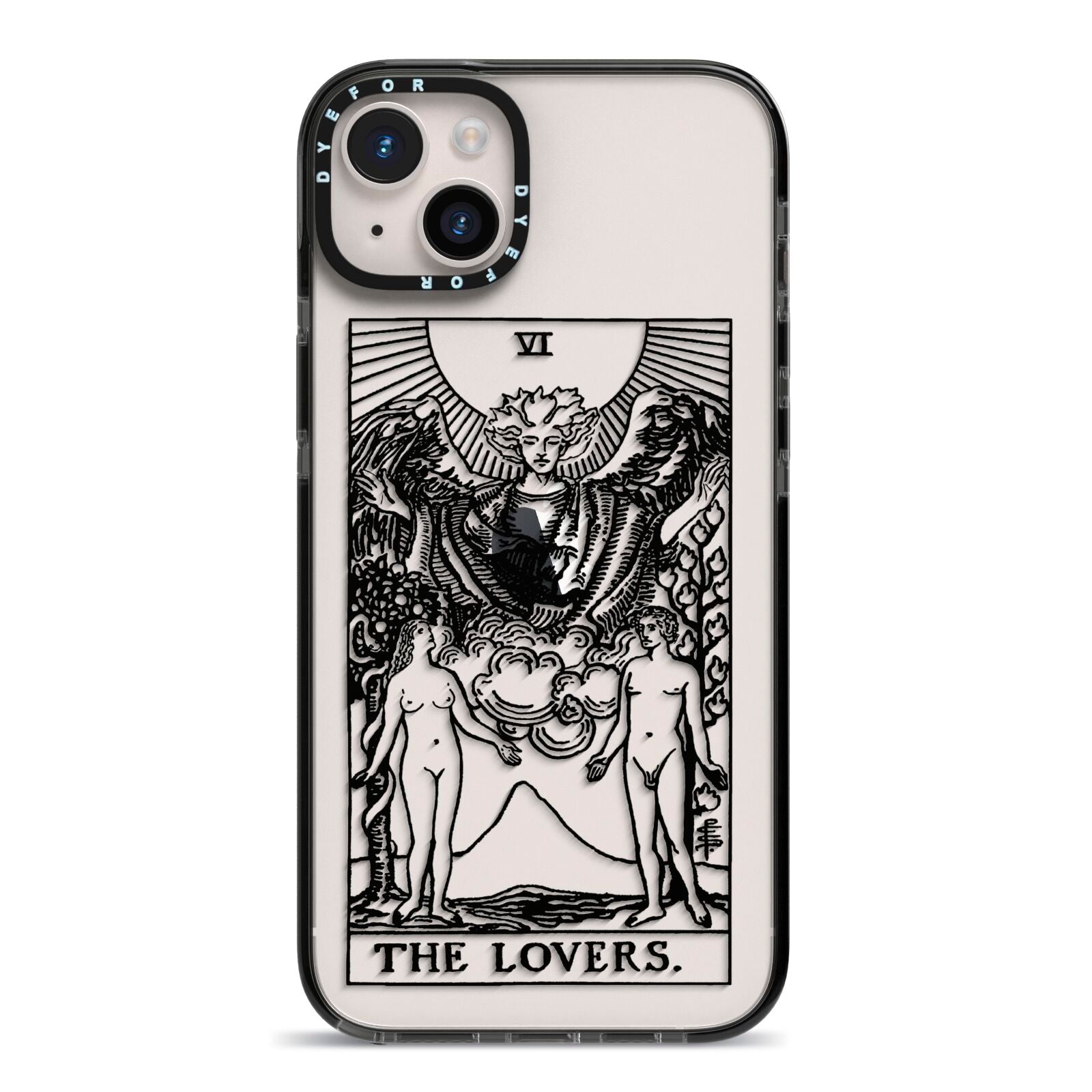 The Lovers Monochrome Tarot Card iPhone 14 Plus Black Impact Case on Silver phone
