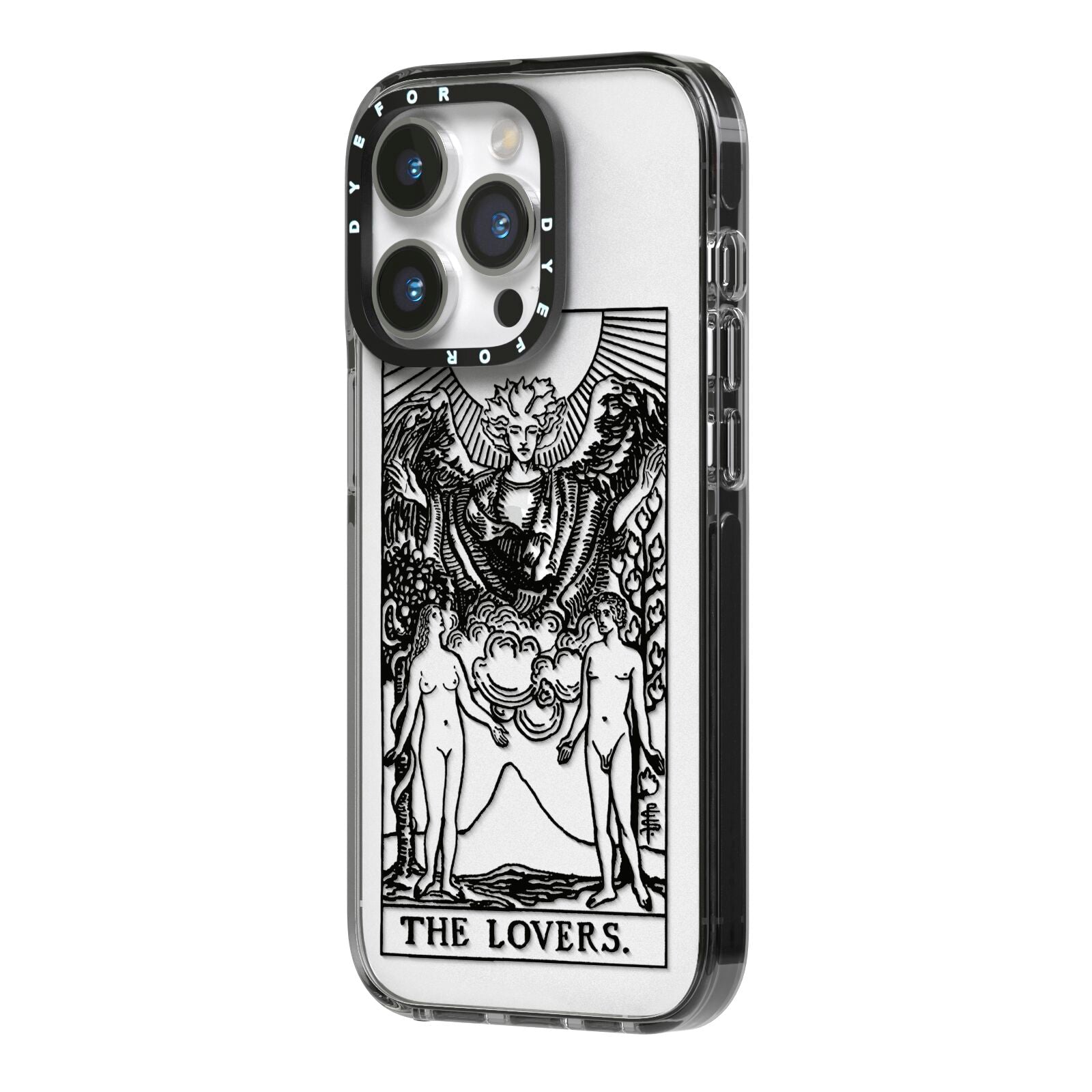 The Lovers Monochrome Tarot Card iPhone 14 Pro Black Impact Case Side Angle on Silver phone