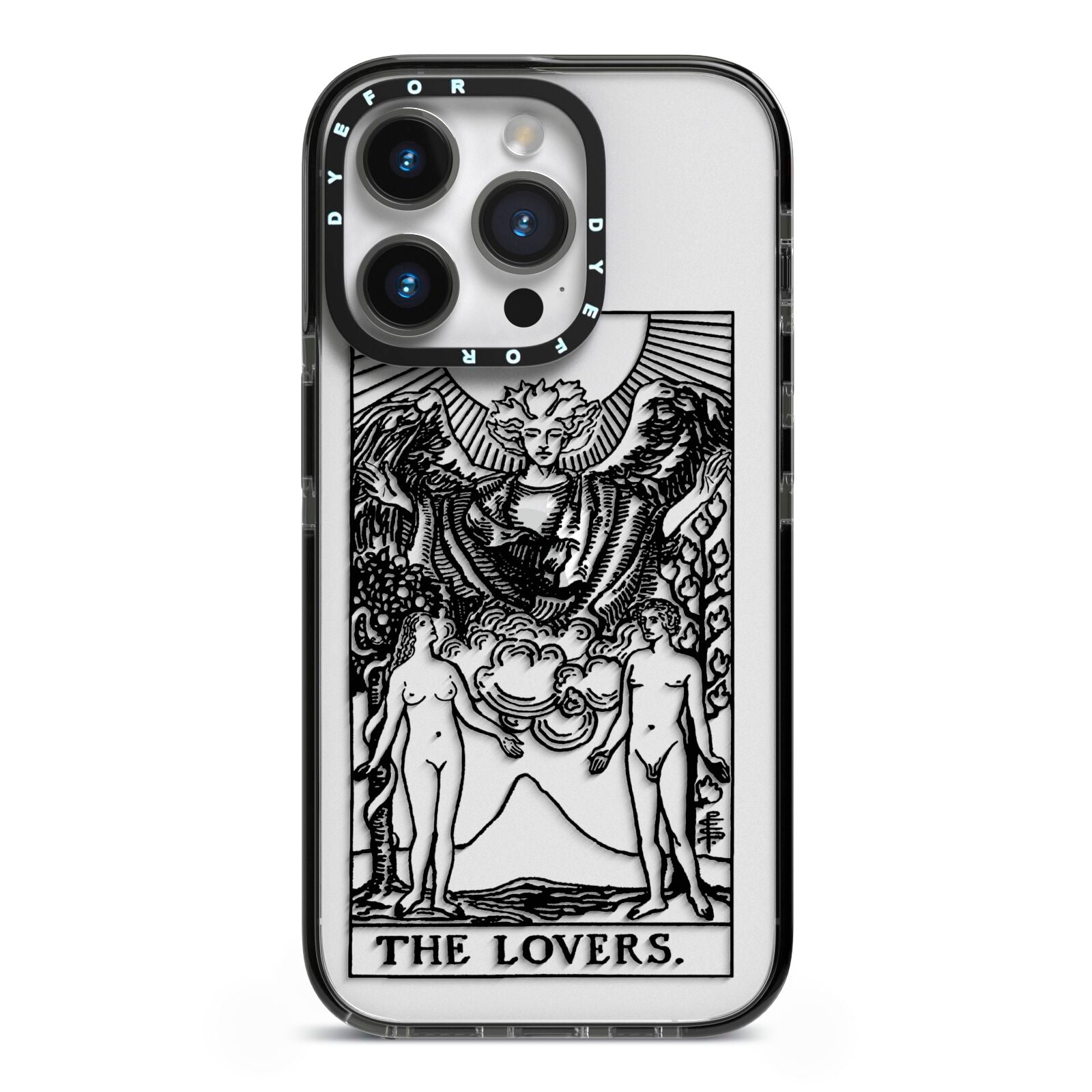 The Lovers Monochrome Tarot Card iPhone 14 Pro Black Impact Case on Silver phone