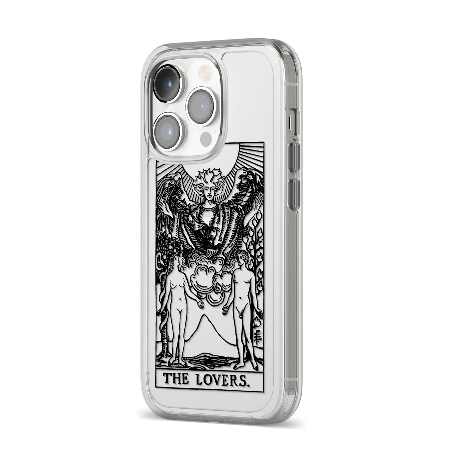 The Lovers Monochrome Tarot Card iPhone 14 Pro Clear Tough Case Silver Angled Image