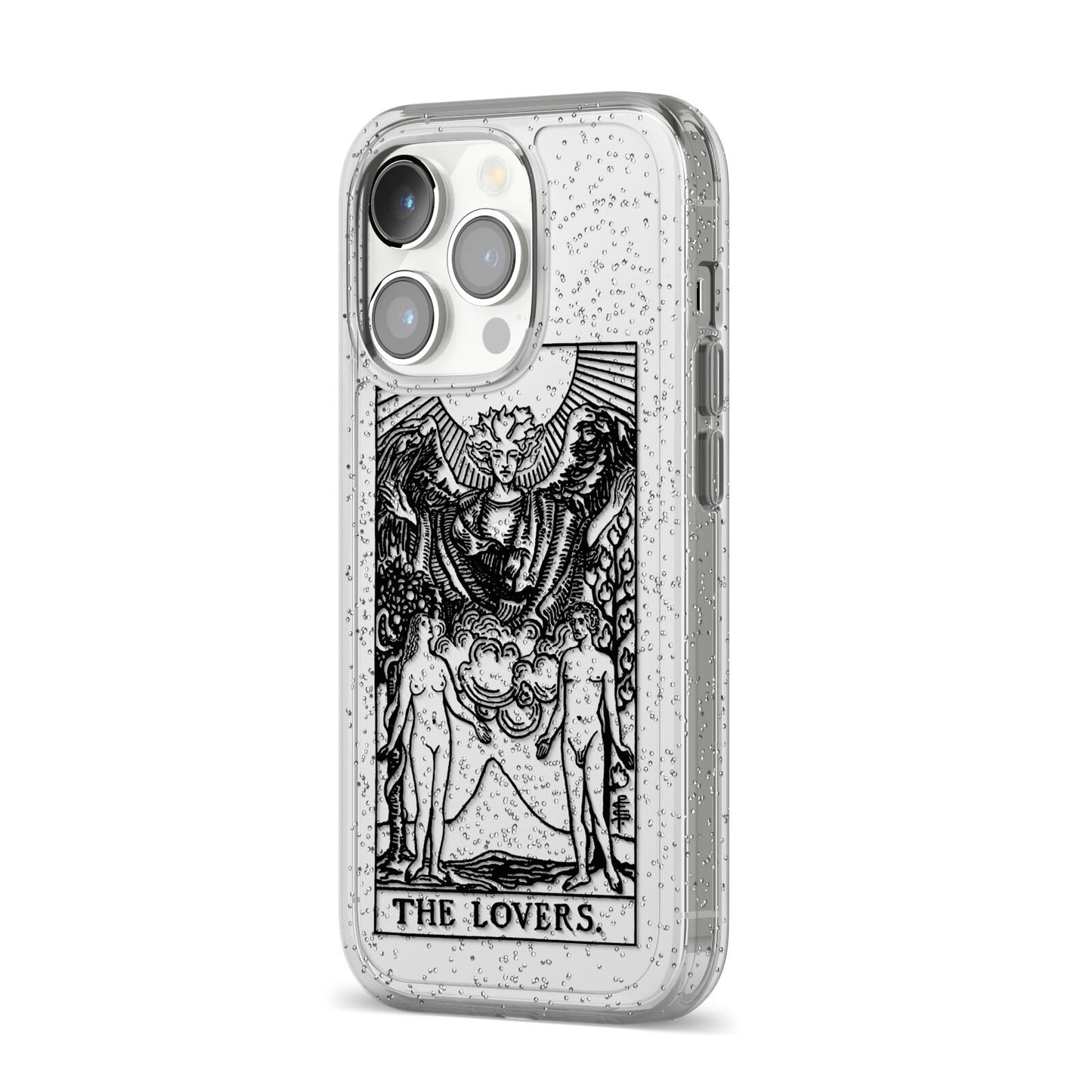The Lovers Monochrome Tarot Card iPhone 14 Pro Glitter Tough Case Silver Angled Image
