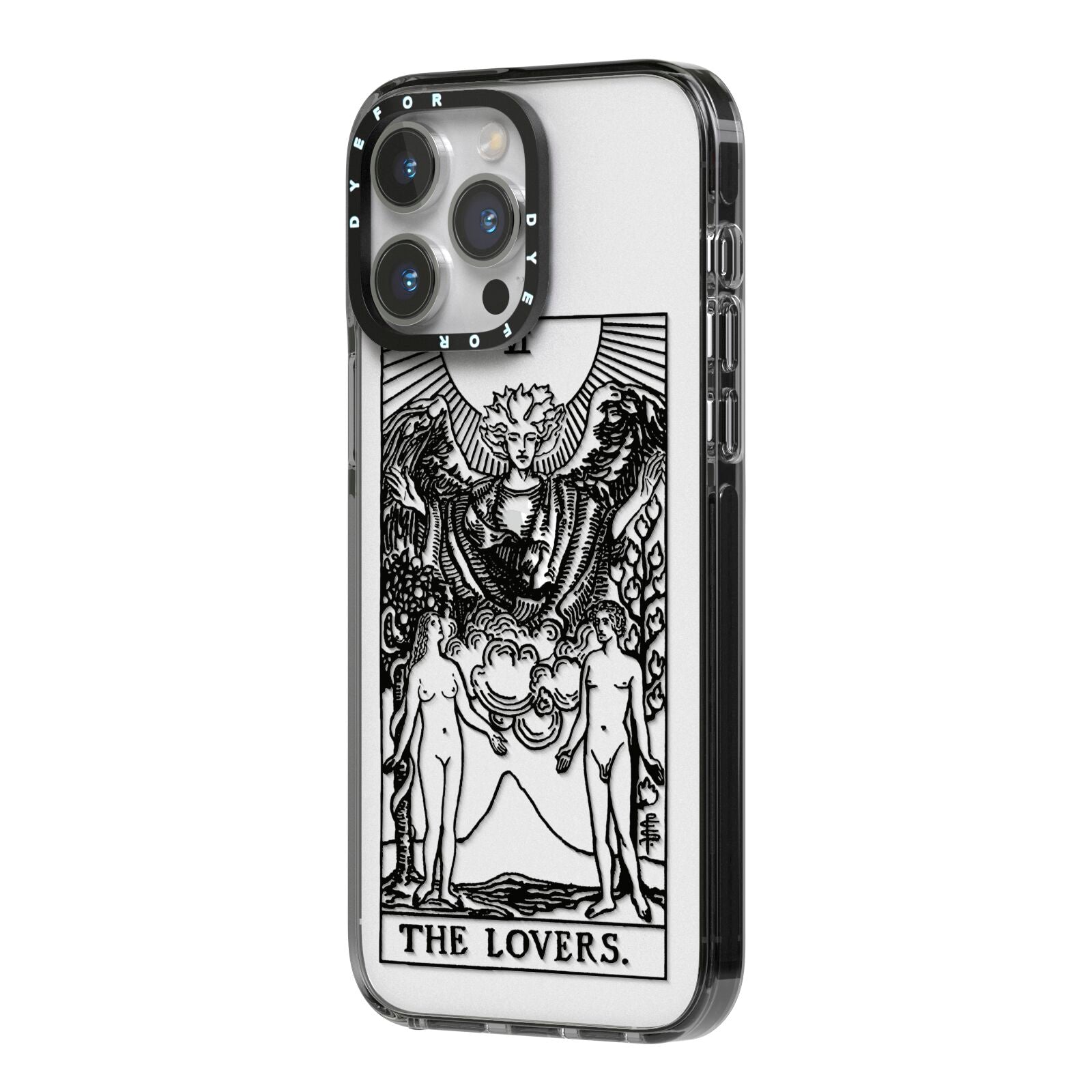 The Lovers Monochrome Tarot Card iPhone 14 Pro Max Black Impact Case Side Angle on Silver phone