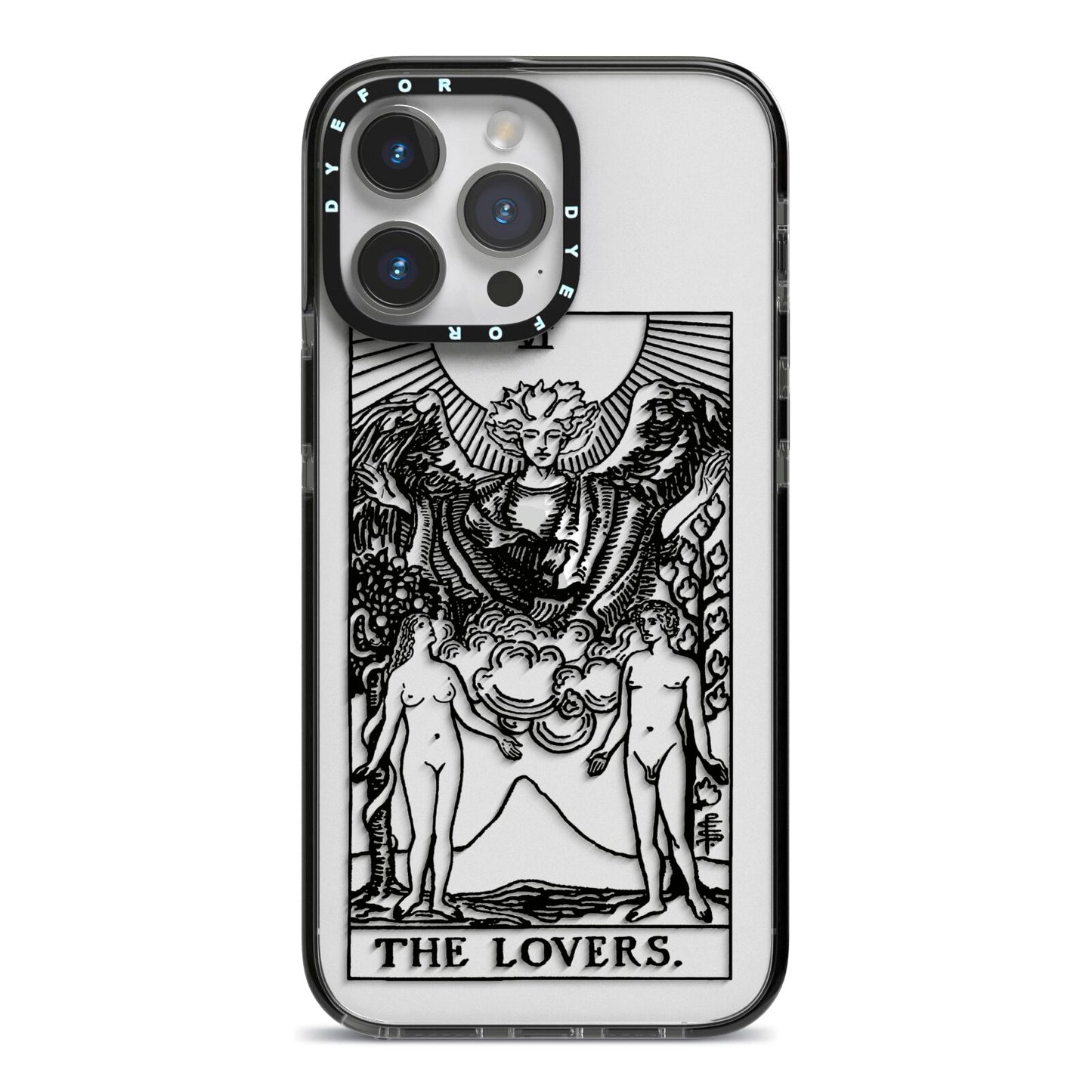 The Lovers Monochrome Tarot Card iPhone 14 Pro Max Black Impact Case on Silver phone