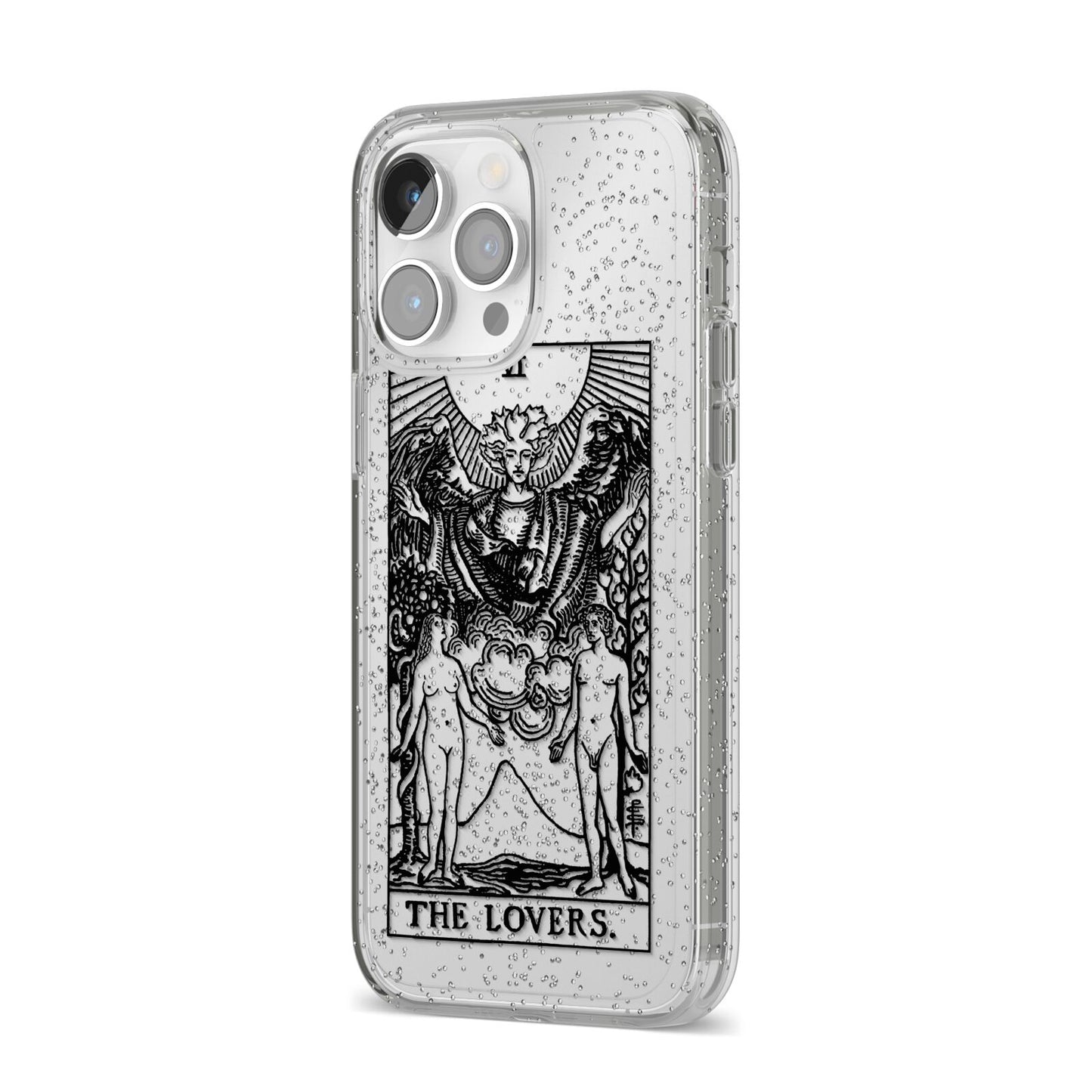 The Lovers Monochrome Tarot Card iPhone 14 Pro Max Glitter Tough Case Silver Angled Image