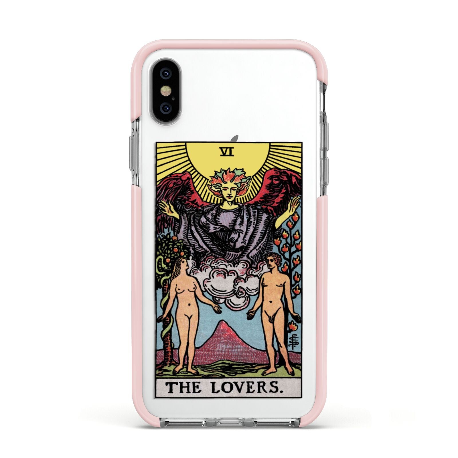 The Lovers Tarot Card Apple iPhone Xs Impact Case Pink Edge on Silver Phone