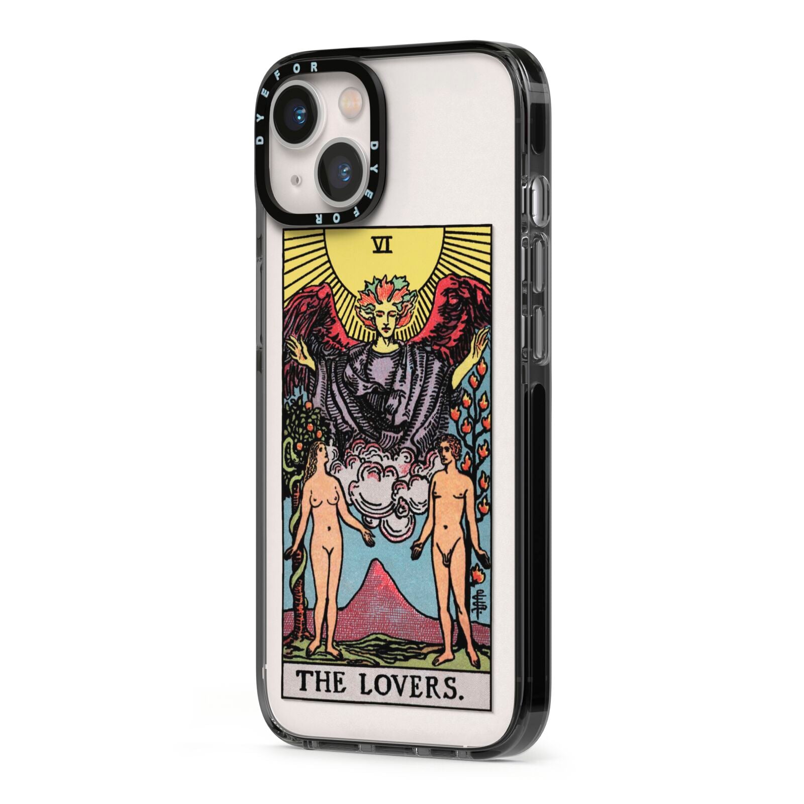 The Lovers Tarot Card iPhone 13 Black Impact Case Side Angle on Silver phone