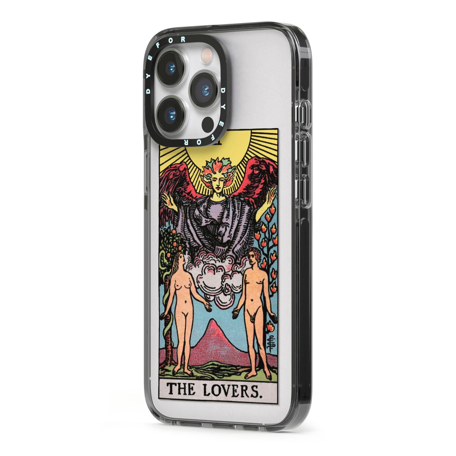 The Lovers Tarot Card iPhone 13 Pro Black Impact Case Side Angle on Silver phone