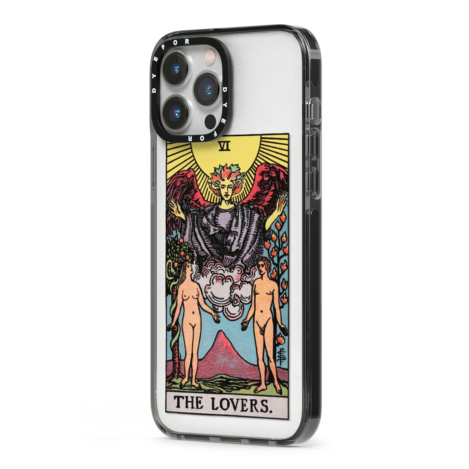 The Lovers Tarot Card iPhone 13 Pro Max Black Impact Case Side Angle on Silver phone