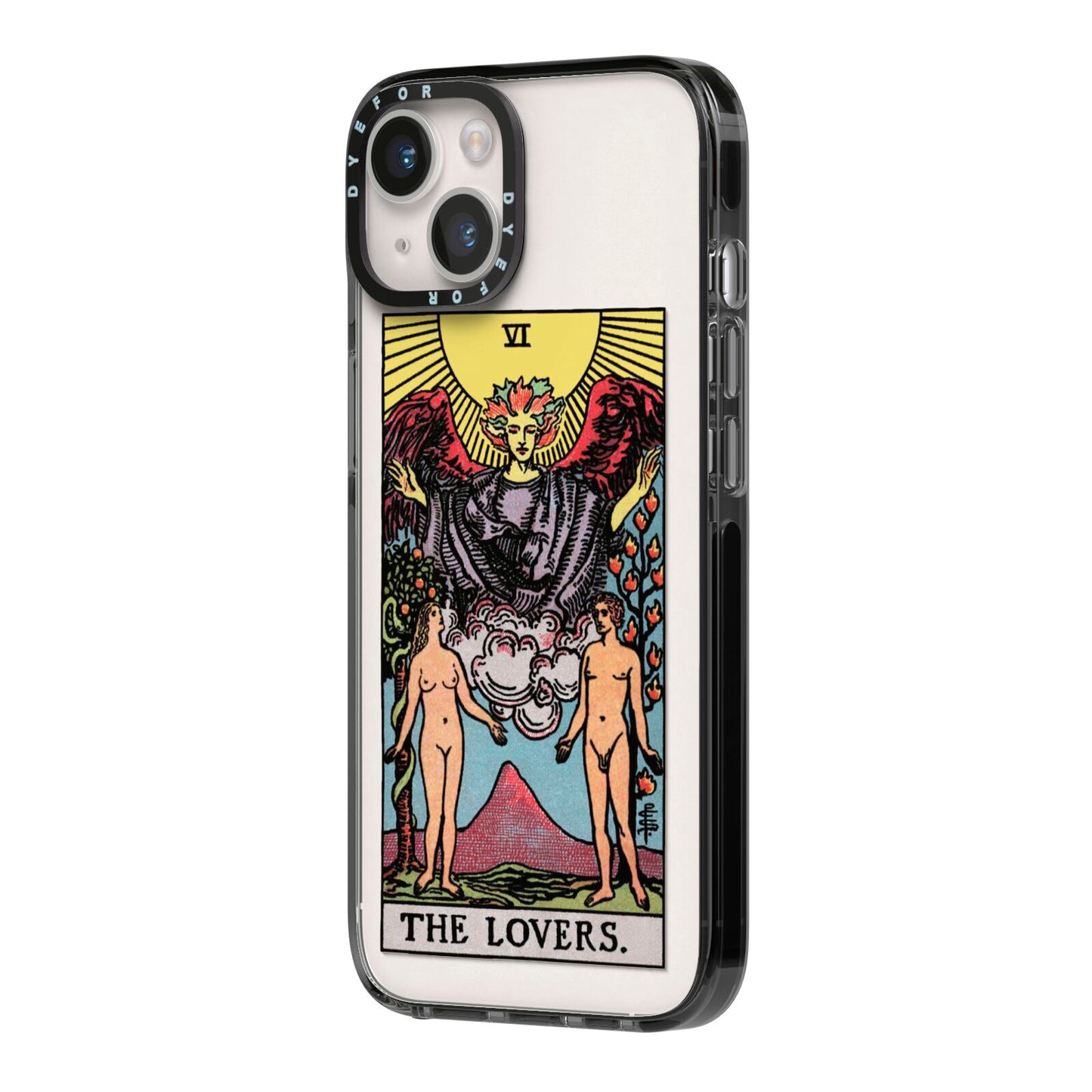 The Lovers Tarot Card iPhone 14 Black Impact Case Side Angle on Silver phone