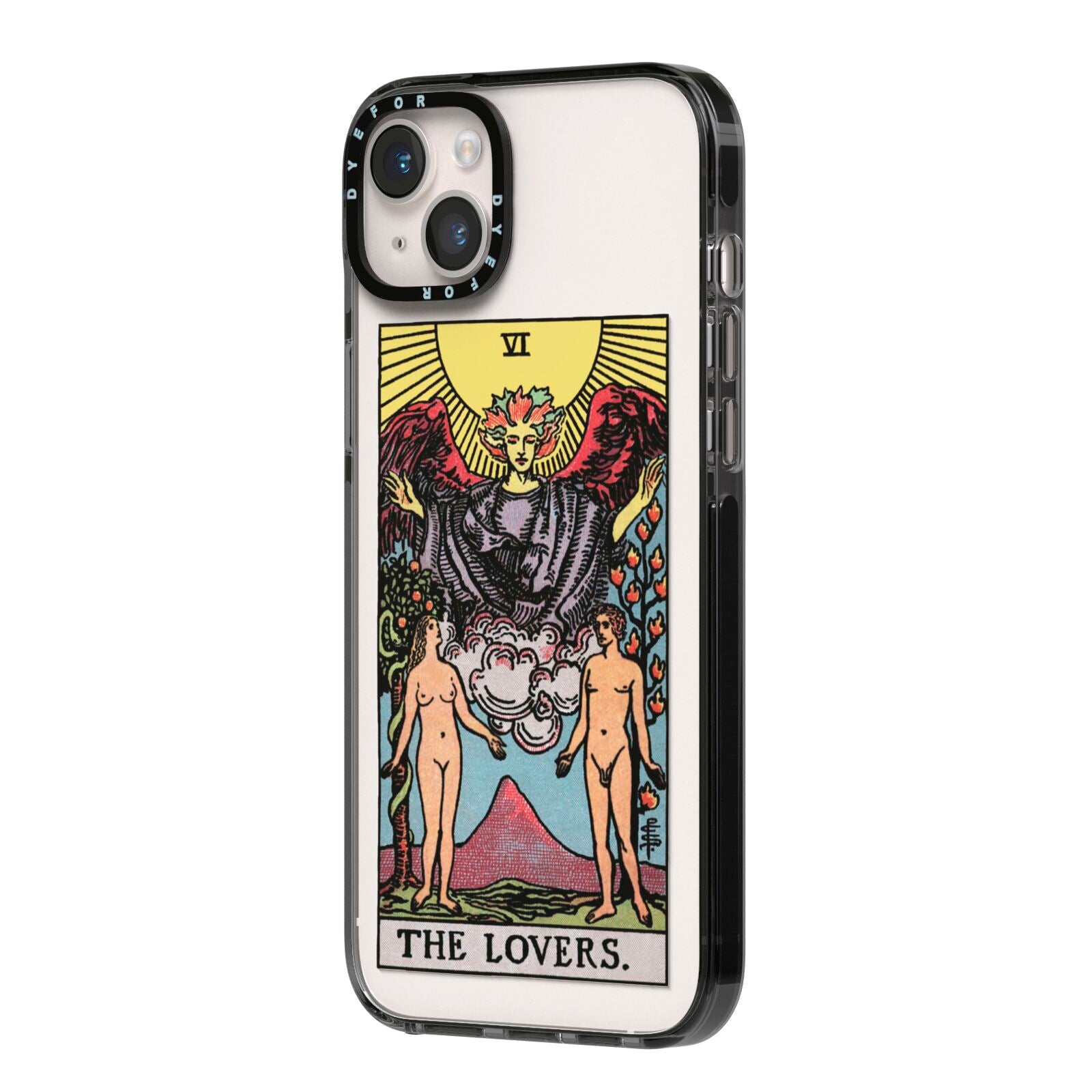 The Lovers Tarot Card iPhone 14 Plus Black Impact Case Side Angle on Silver phone