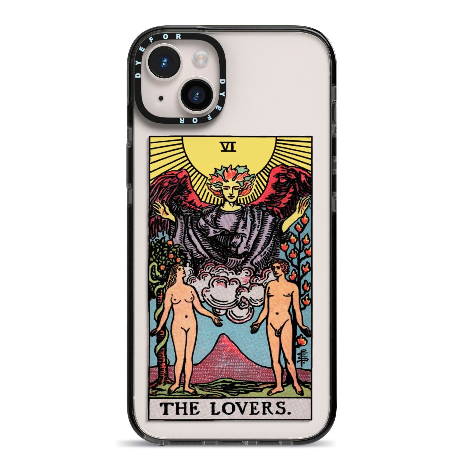 The Lovers Tarot Card iPhone 14 Plus Black Impact Case on Silver phone