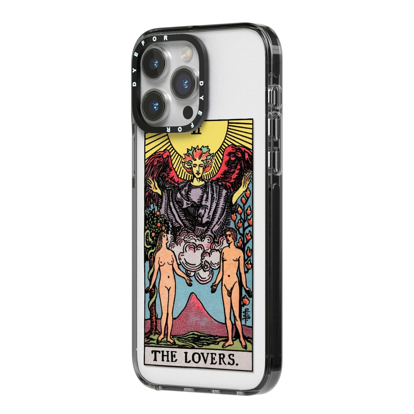 The Lovers Tarot Card iPhone 14 Pro Max Black Impact Case Side Angle on Silver phone