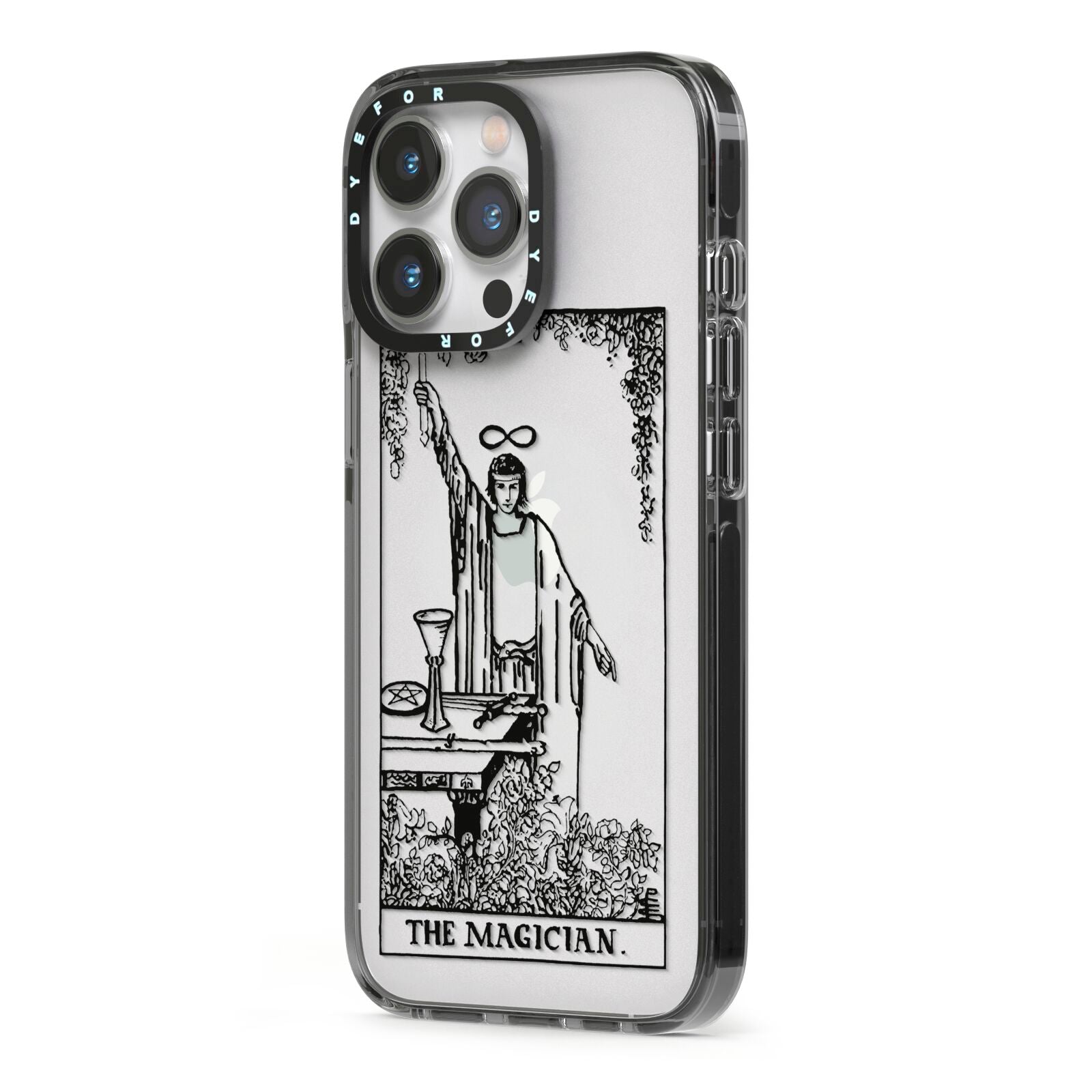 The Magician Monochrome Tarot Card iPhone 13 Pro Black Impact Case Side Angle on Silver phone