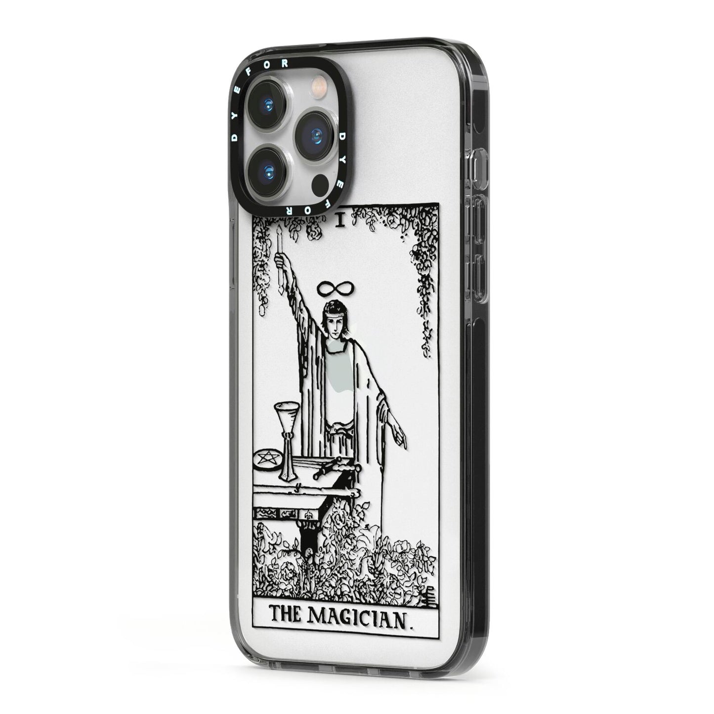 The Magician Monochrome Tarot Card iPhone 13 Pro Max Black Impact Case Side Angle on Silver phone