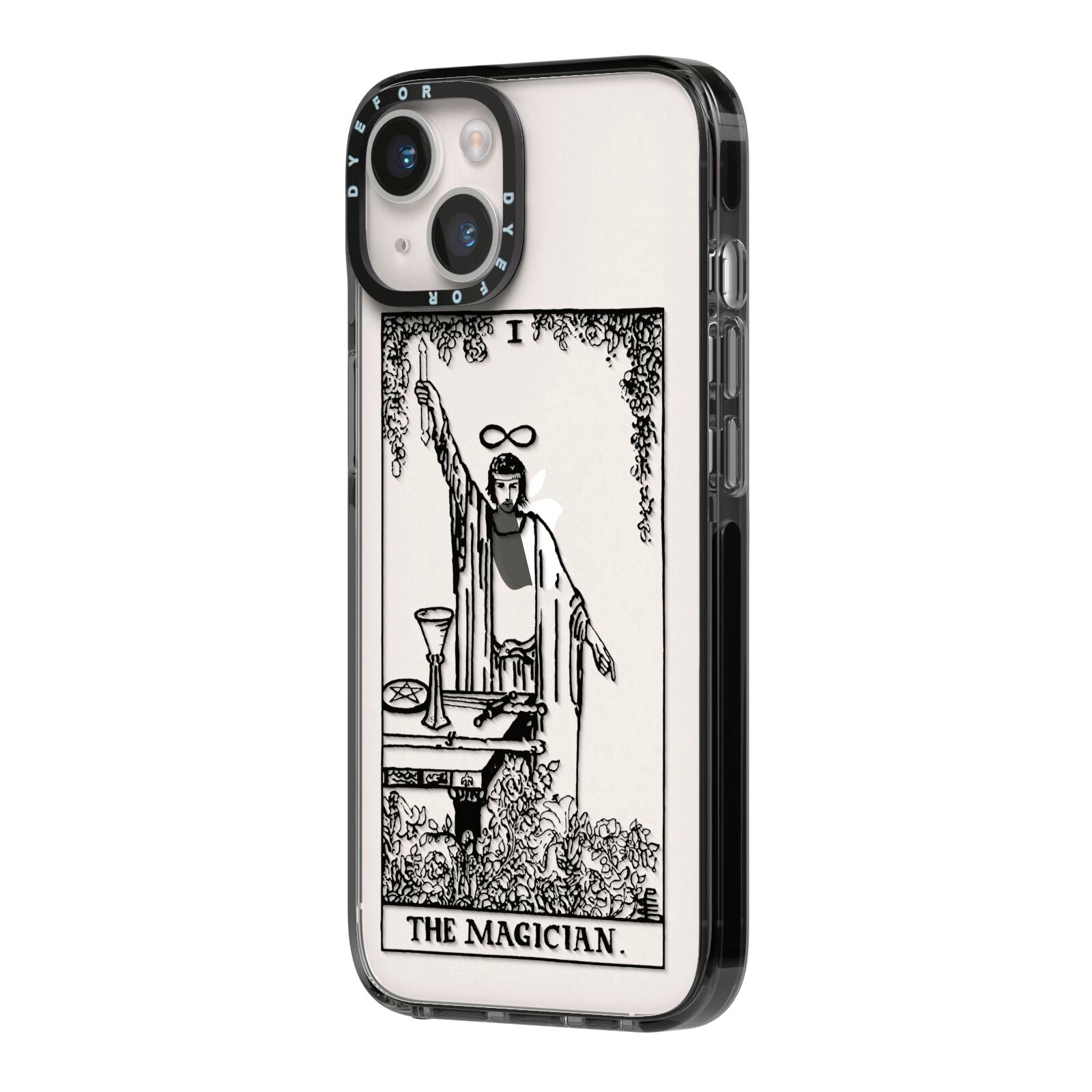 The Magician Monochrome Tarot Card iPhone 14 Black Impact Case Side Angle on Silver phone